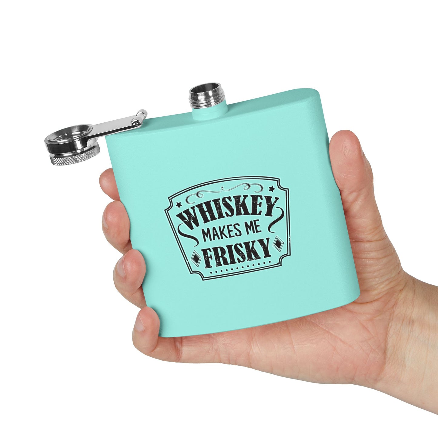 Whiskey Flask Gift for Wedding Party - 6oz Stainless Steel Flask with 'Whiskey Makes Me Frisky' Design - aMOOsing Designs