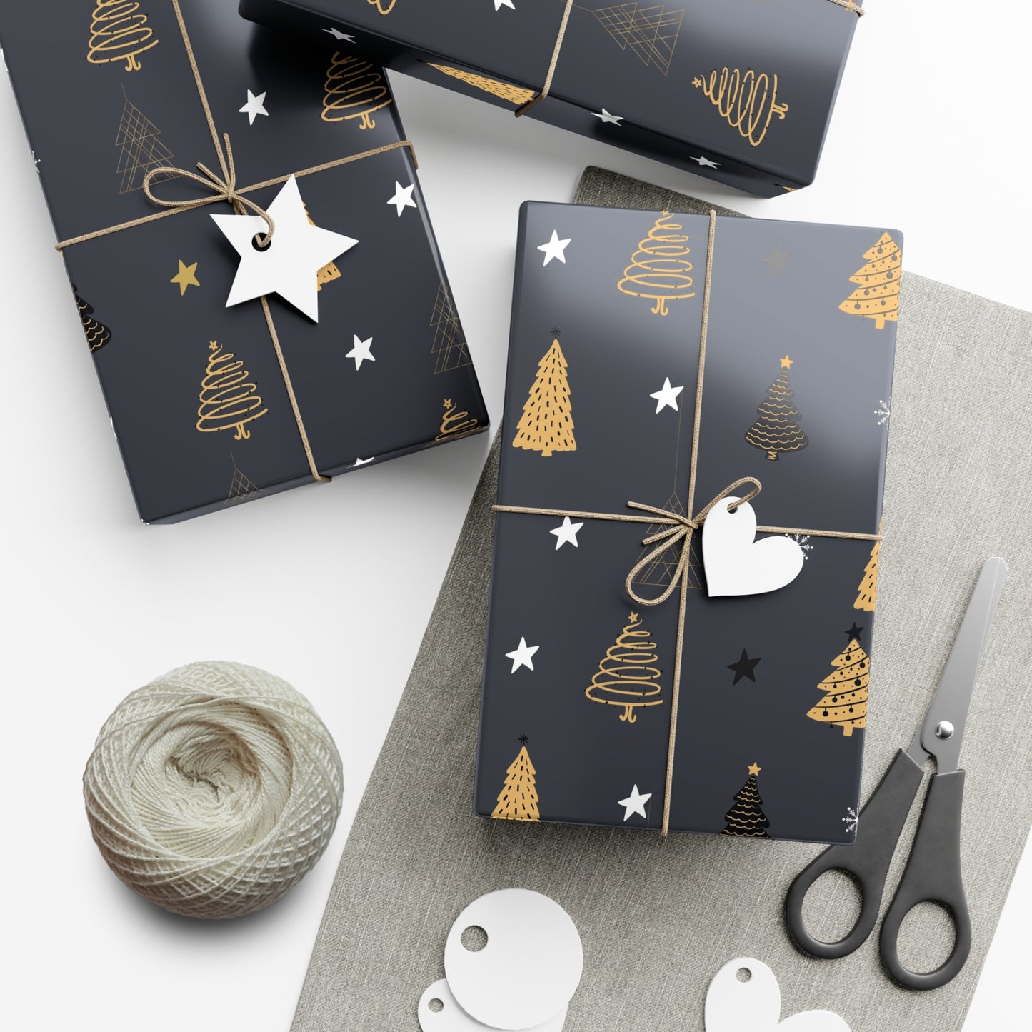 Elegant Black & Gold Holiday Gift Wrap Paper - Christmas Tree & Star Design - aMOOsing Designs