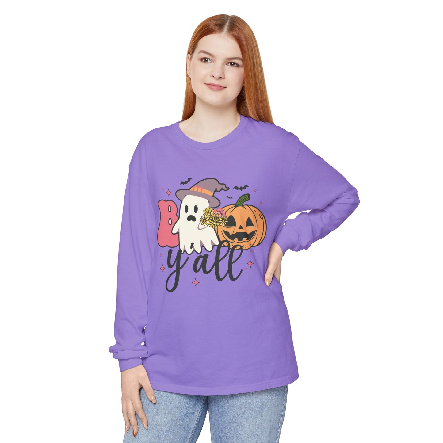BOO Y'all Halloween Long Sleeve Tee, Cozy Fall Shirt, Unisex Ghost T-Shirt, Pumpkin Graphic Top, Perfect for Halloween Parties