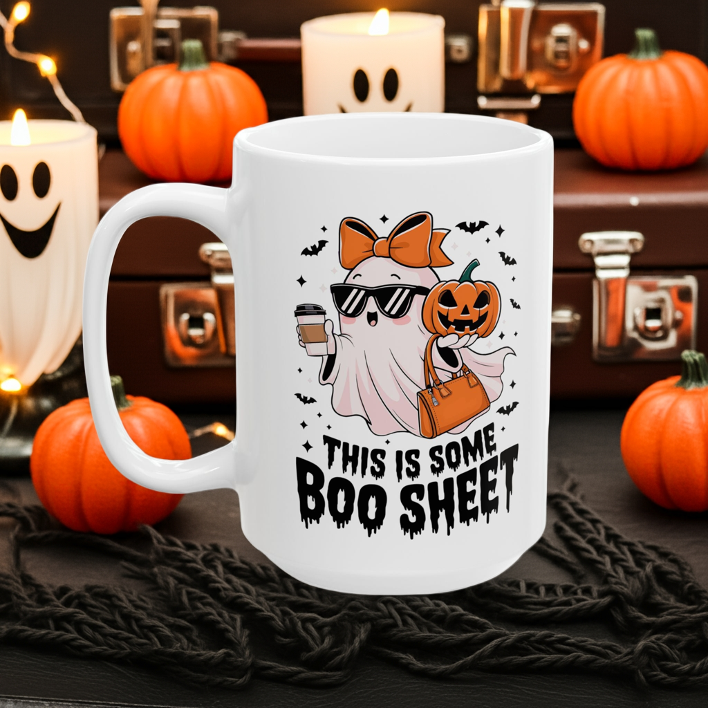 Halloween Themed Ceramic Mug, Spooky Coffee Cup, Trick or Treat Mug, Pumpkin Design Mug, Boo Sheet Cute Halloween Gift