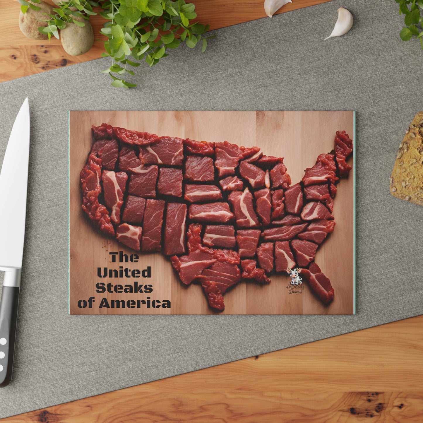 United Steaks of America Glass Cutting Board - Fun Culinary Gift for Meat Lovers - aMOOsing Designs