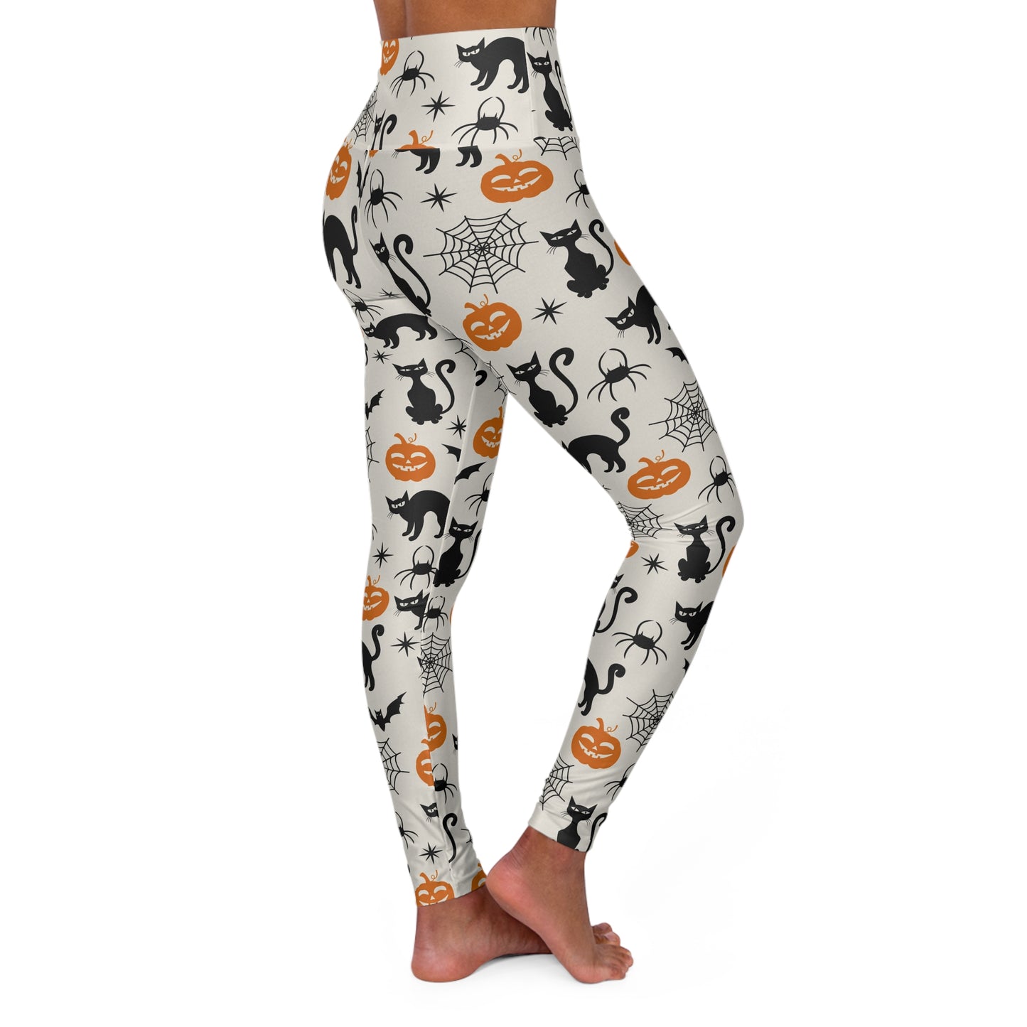 Halloween Themed High Waisted Yoga Leggings, Comfy Exercise Pants, Cat & Pumpkin Leggings, Fitness Wear for Fall, Trick or Treat Leggings