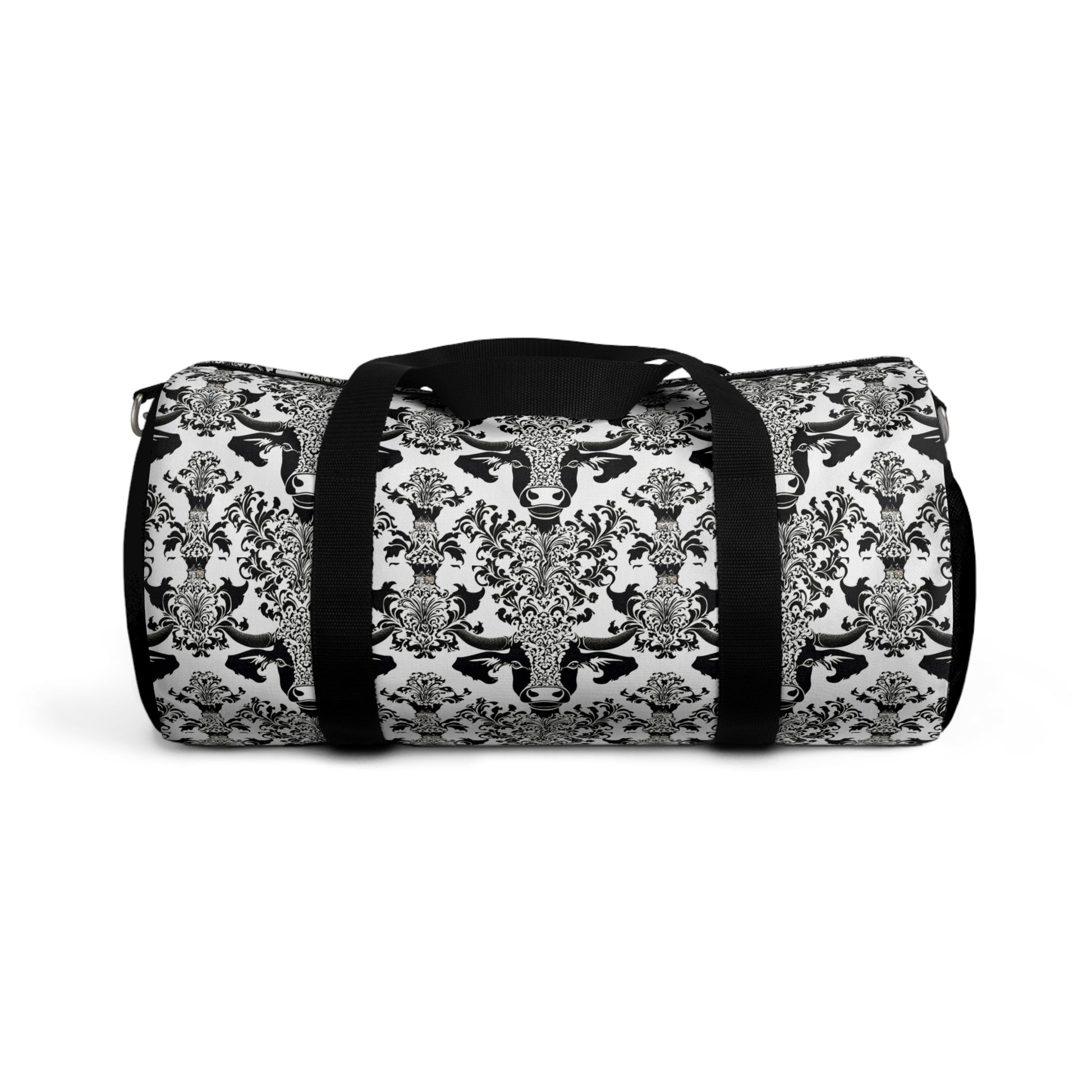 "daMOOsk"- Cow Damask Pattern- Duffel Bag - aMOOsing Designs