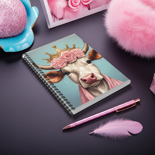 "Princess Moo" Spiral Notebook - Ruled Line with a crowned cow cover, ideal for lists and notes.