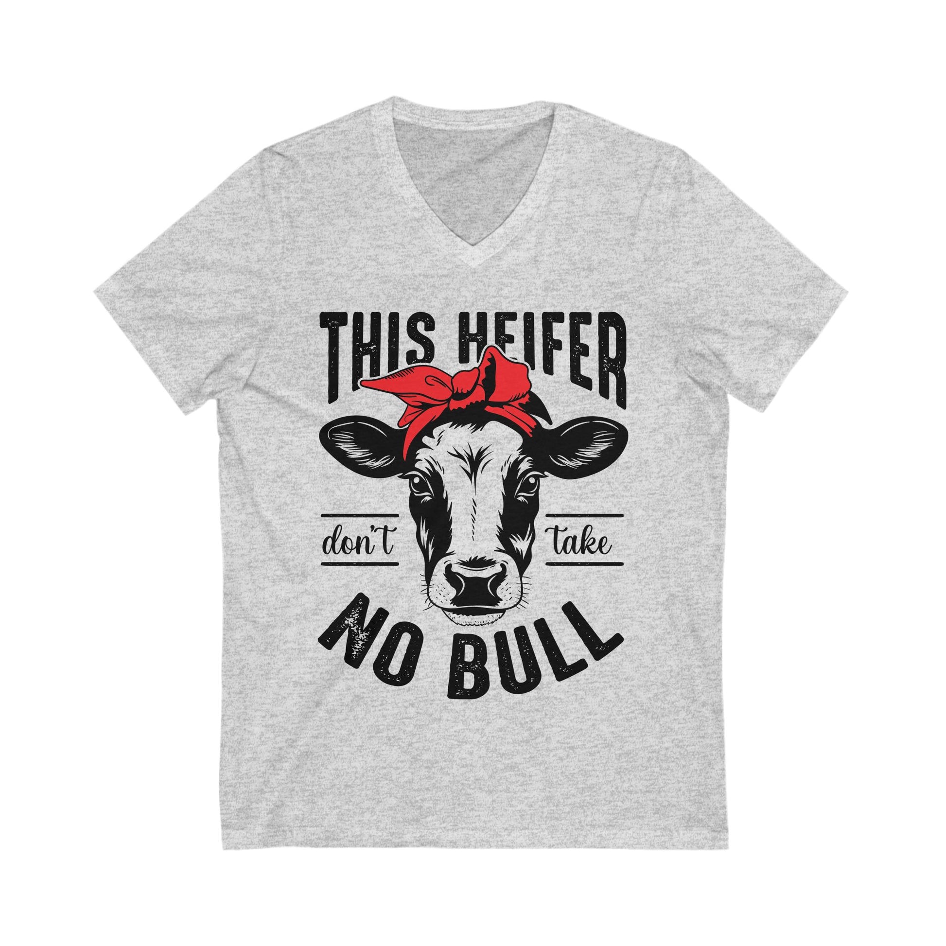 Funny Cow Graphic V-Neck Tee - "This Heifer Don't Take No Bull" - aMOOsing Designs