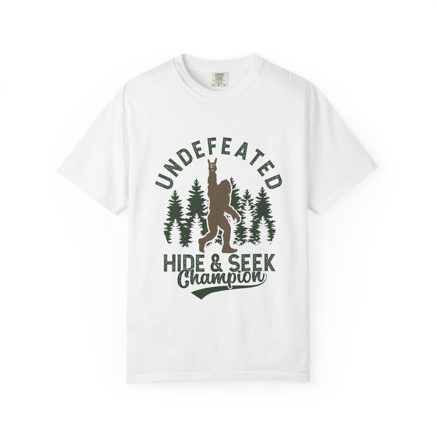 Undefeated Hide & Seek Champion T-shirt, Funny Outdoor Adventure Tee, Nature Lover Gift, Big Foot Shirt, Unisex Garment-Dyed, Adventure
