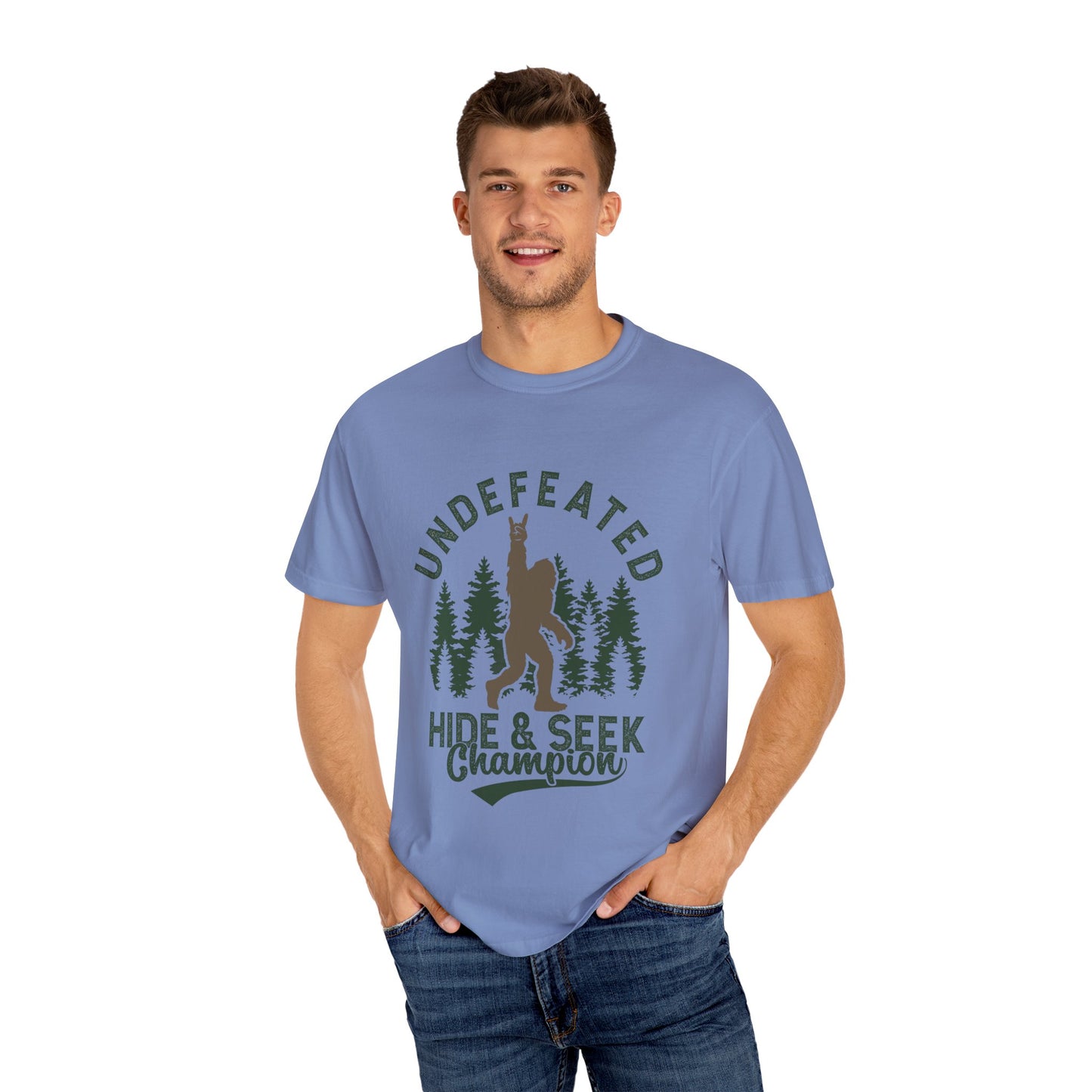 Undefeated Hide & Seek Champion T-shirt, Funny Outdoor Adventure Tee, Nature Lover Gift, Big Foot Shirt, Unisex Garment-Dyed, Adventure
