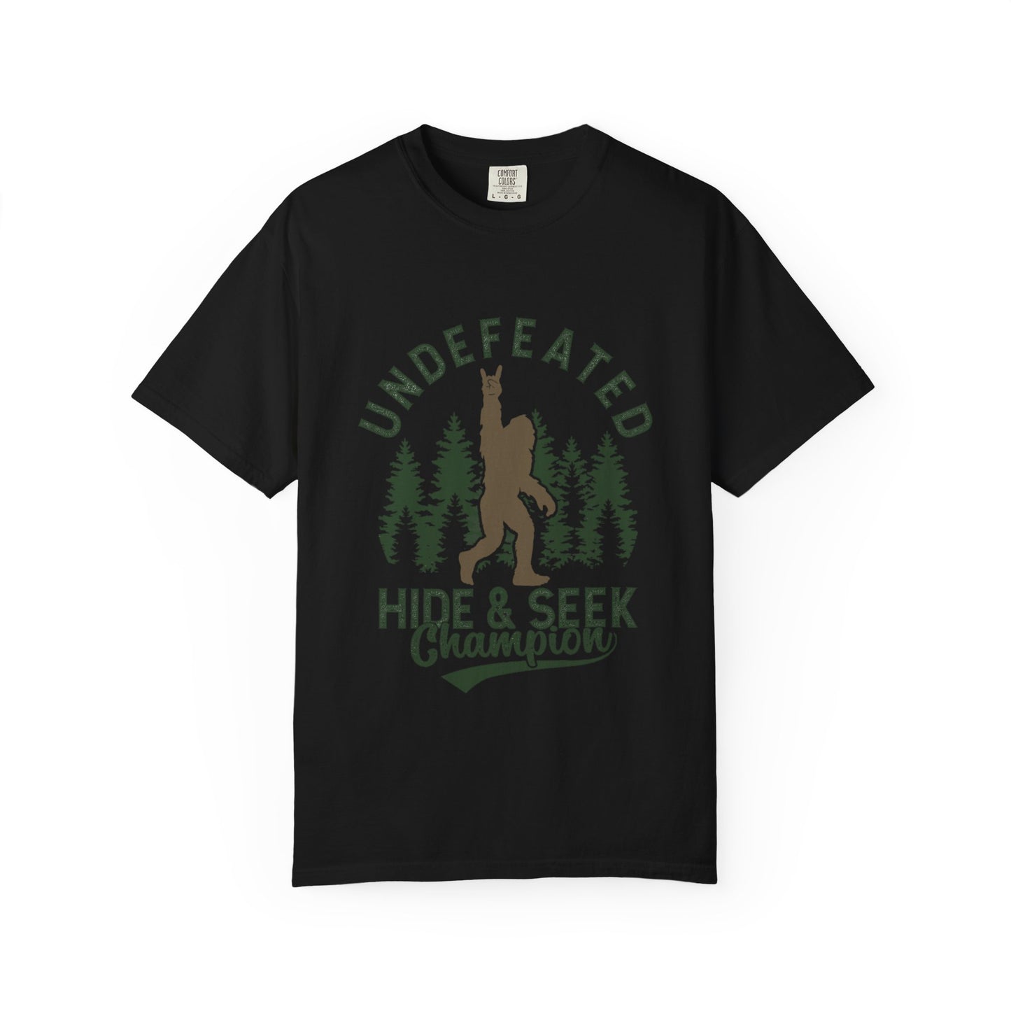 Undefeated Hide & Seek Champion T-shirt, Funny Outdoor Adventure Tee, Nature Lover Gift, Big Foot Shirt, Unisex Garment-Dyed, Adventure