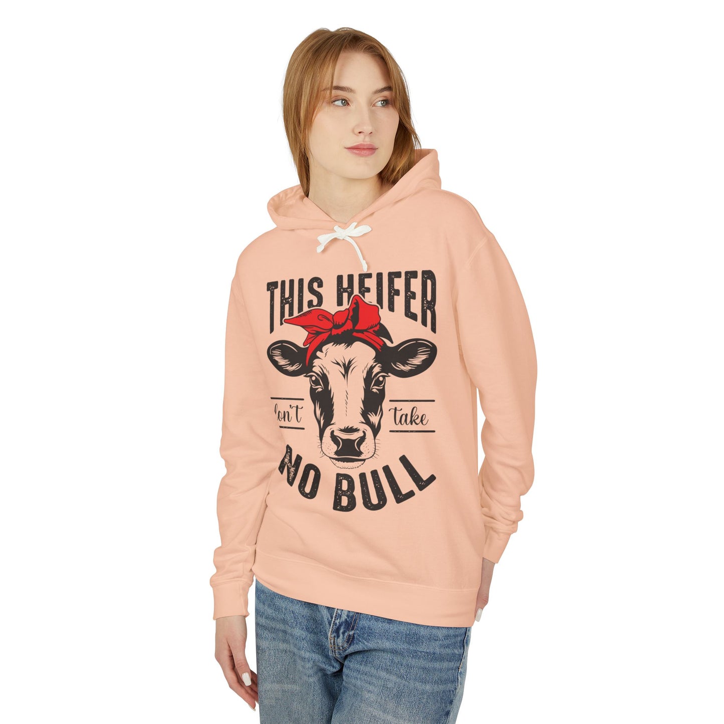 Funny Cow Graphic Unisex Lightweight Hooded Sweatshirt - "This Heifer Don't Take No Bull" - aMOOsing Designs