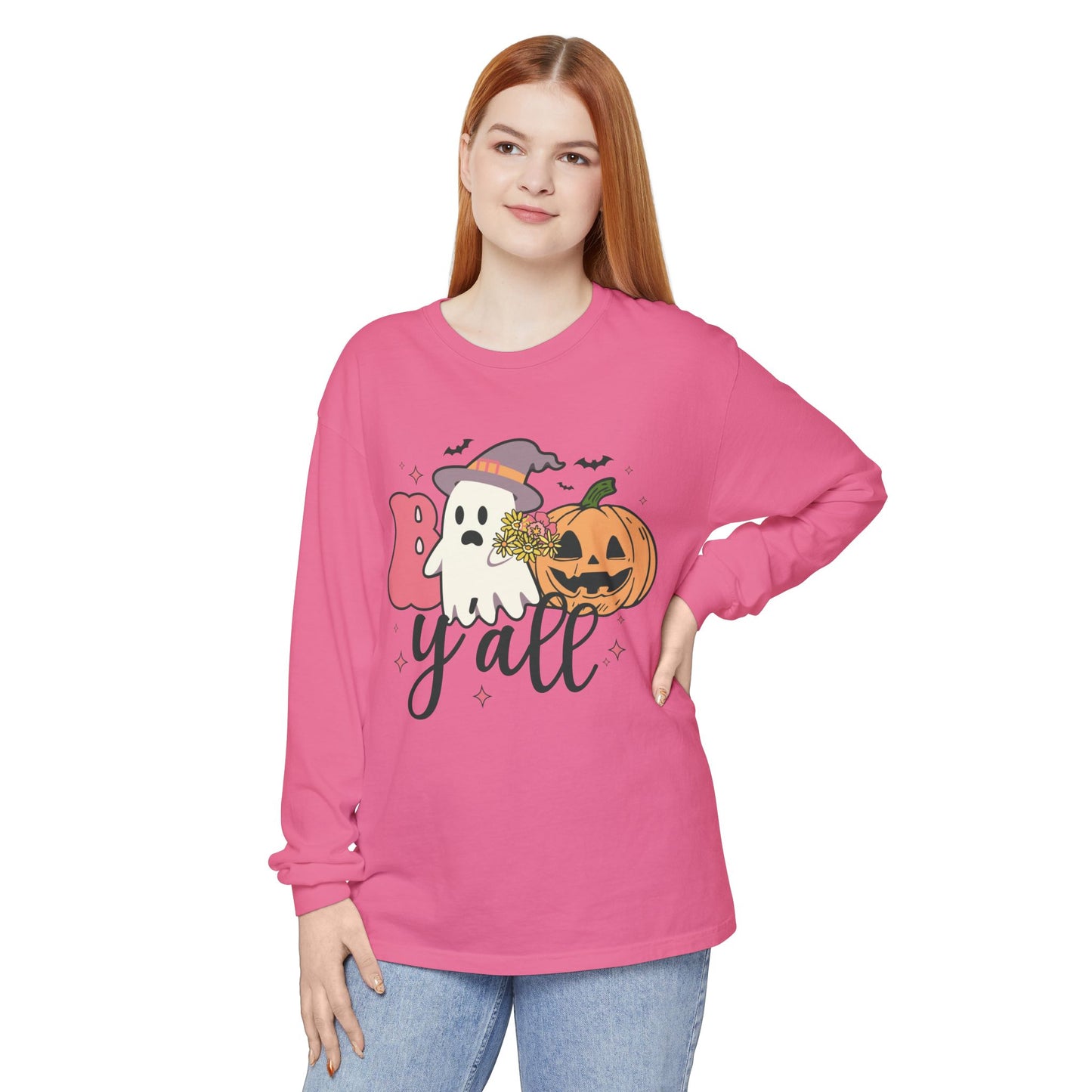 BOO Y'all Halloween Long Sleeve Tee, Cozy Fall Shirt, Unisex Ghost T-Shirt, Pumpkin Graphic Top, Perfect for Halloween Parties