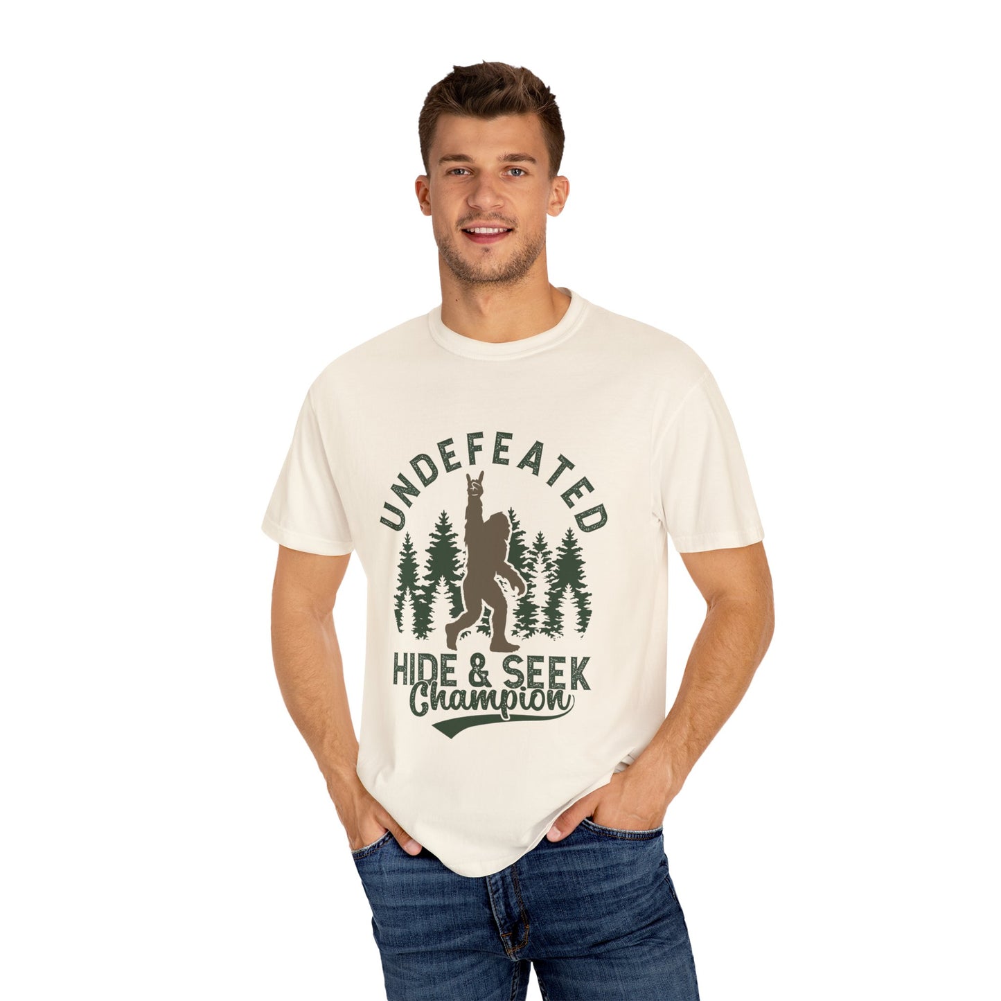 Undefeated Hide & Seek Champion T-shirt, Funny Outdoor Adventure Tee, Nature Lover Gift, Big Foot Shirt, Unisex Garment-Dyed, Adventure
