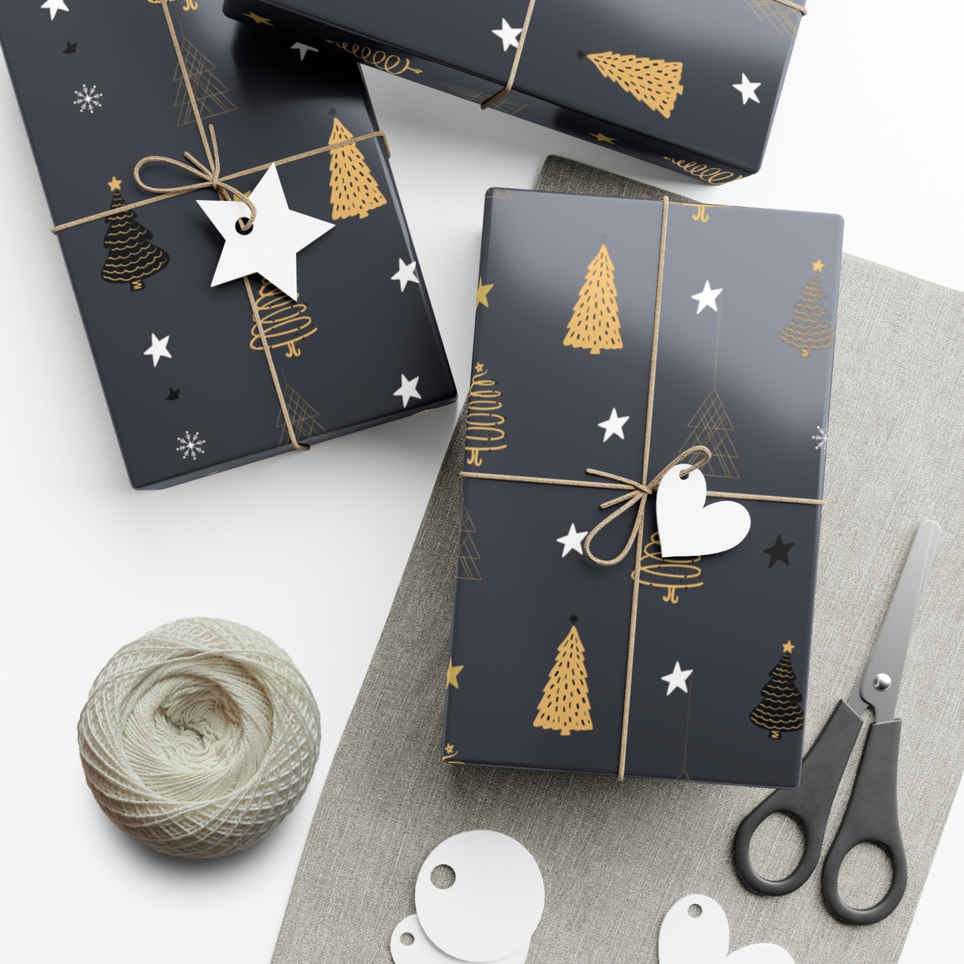 Elegant Black & Gold Holiday Gift Wrap Paper - Christmas Tree & Star Design - aMOOsing Designs