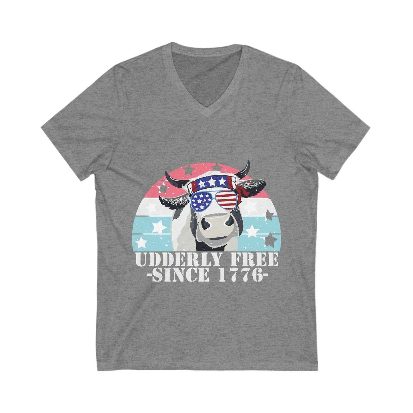 Patriotic Cow V-Neck Tee - Udderly Free Since 1776 - aMOOsing Designs