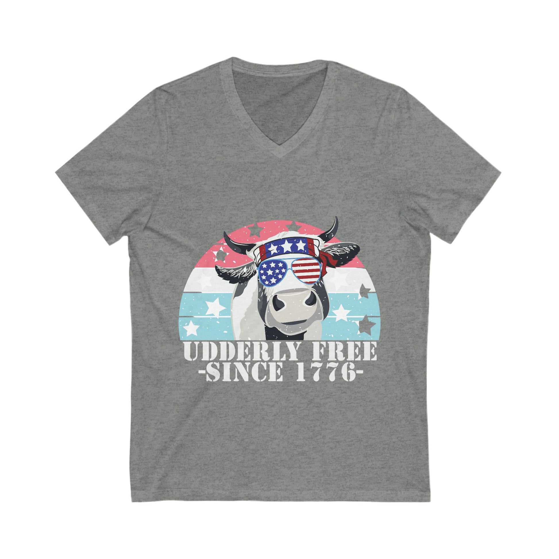 Patriotic Cow V-Neck Tee - Udderly Free Since 1776 - aMOOsing Designs
