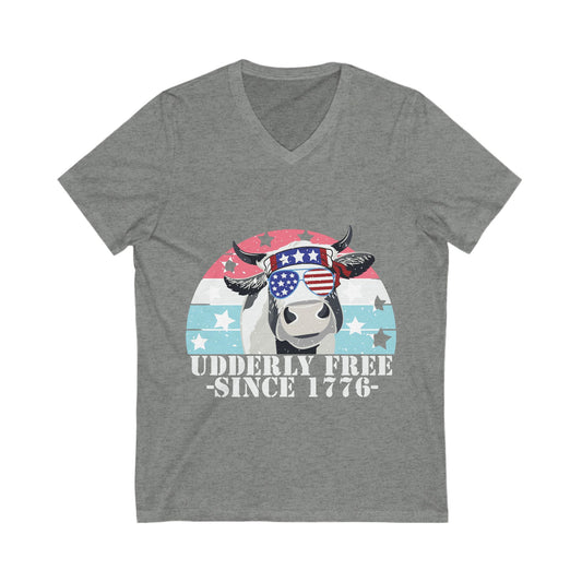 Patriotic Cow V-Neck Tee - Udderly Free Since 1776 - aMOOsing Designs