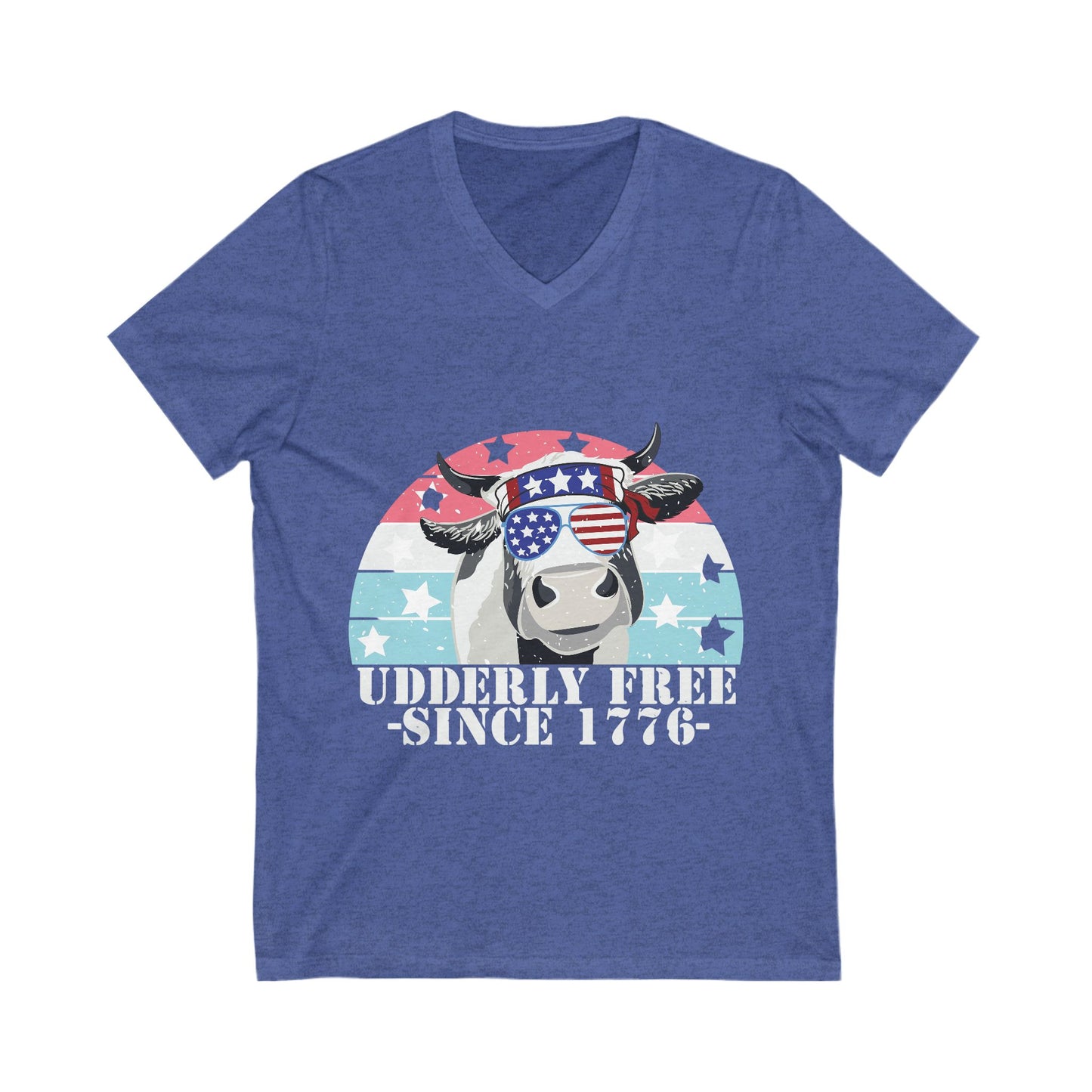 Patriotic Cow V-Neck Tee - Udderly Free Since 1776 - aMOOsing Designs