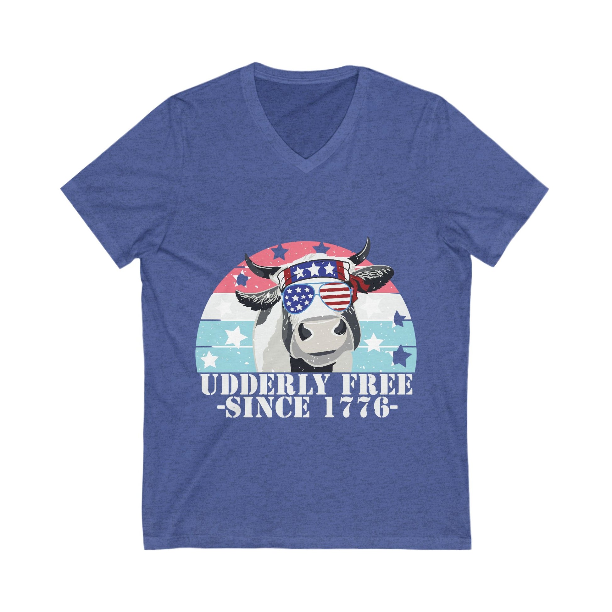 Patriotic Cow V-Neck Tee - Udderly Free Since 1776 - aMOOsing Designs