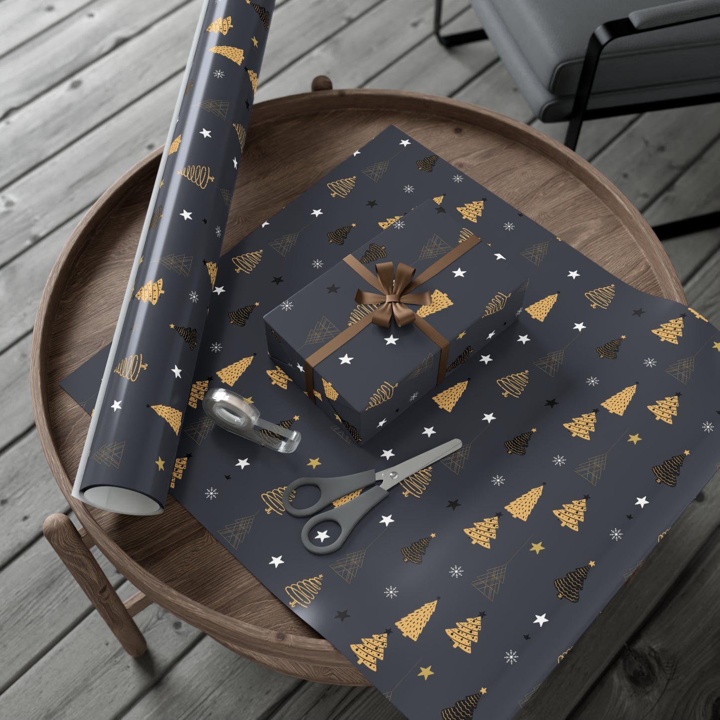 Elegant Black & Gold Holiday Gift Wrap Paper - Christmas Tree & Star Design - aMOOsing Designs