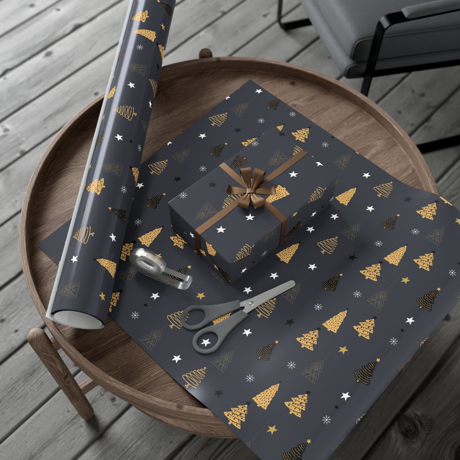 Elegant Black & Gold Holiday Gift Wrap Paper - Christmas Tree & Star Design - aMOOsing Designs
