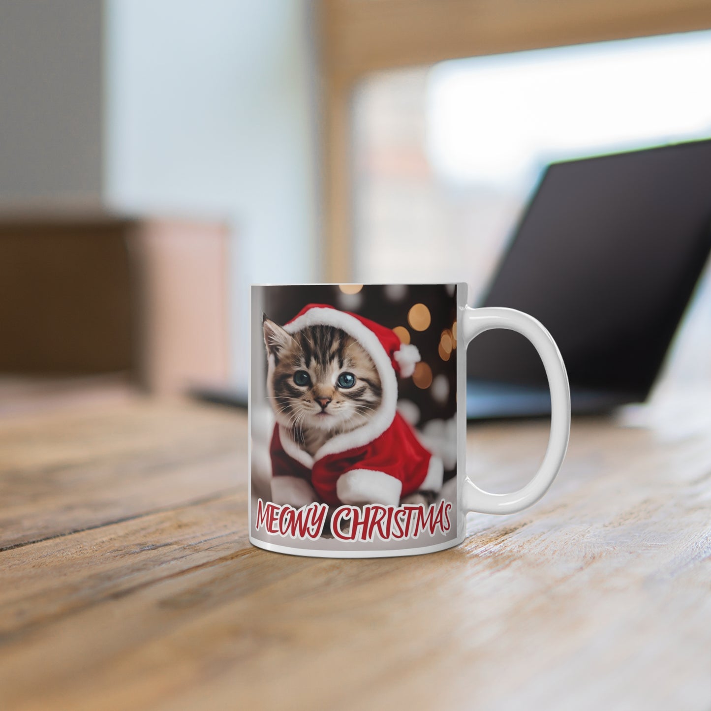 Meowy Christmas Cat Mug - 11oz Ceramic Coffee Cup for Cat Lovers - aMOOsing Designs