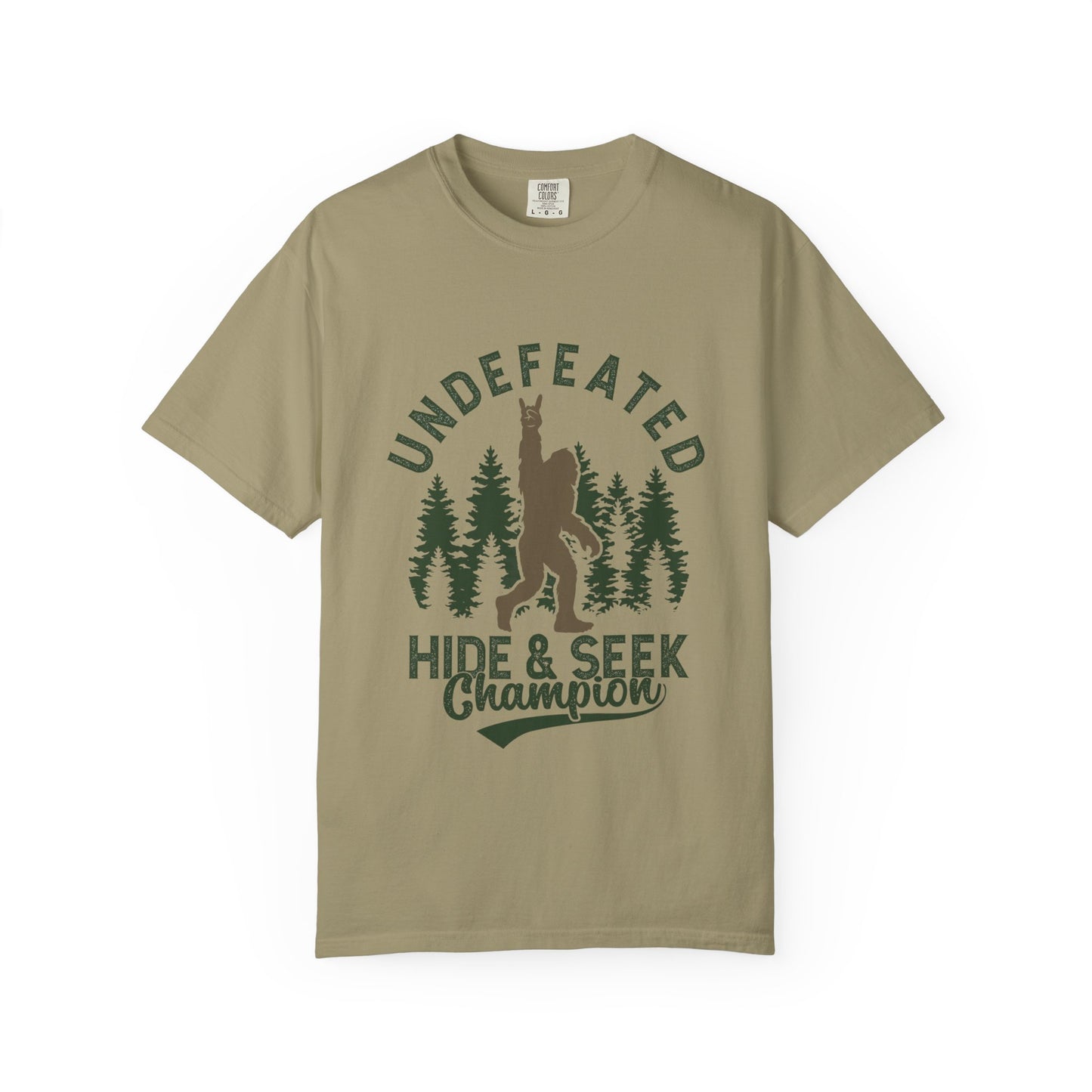 Undefeated Hide & Seek Champion T-shirt, Funny Outdoor Adventure Tee, Nature Lover Gift, Big Foot Shirt, Unisex Garment-Dyed, Adventure
