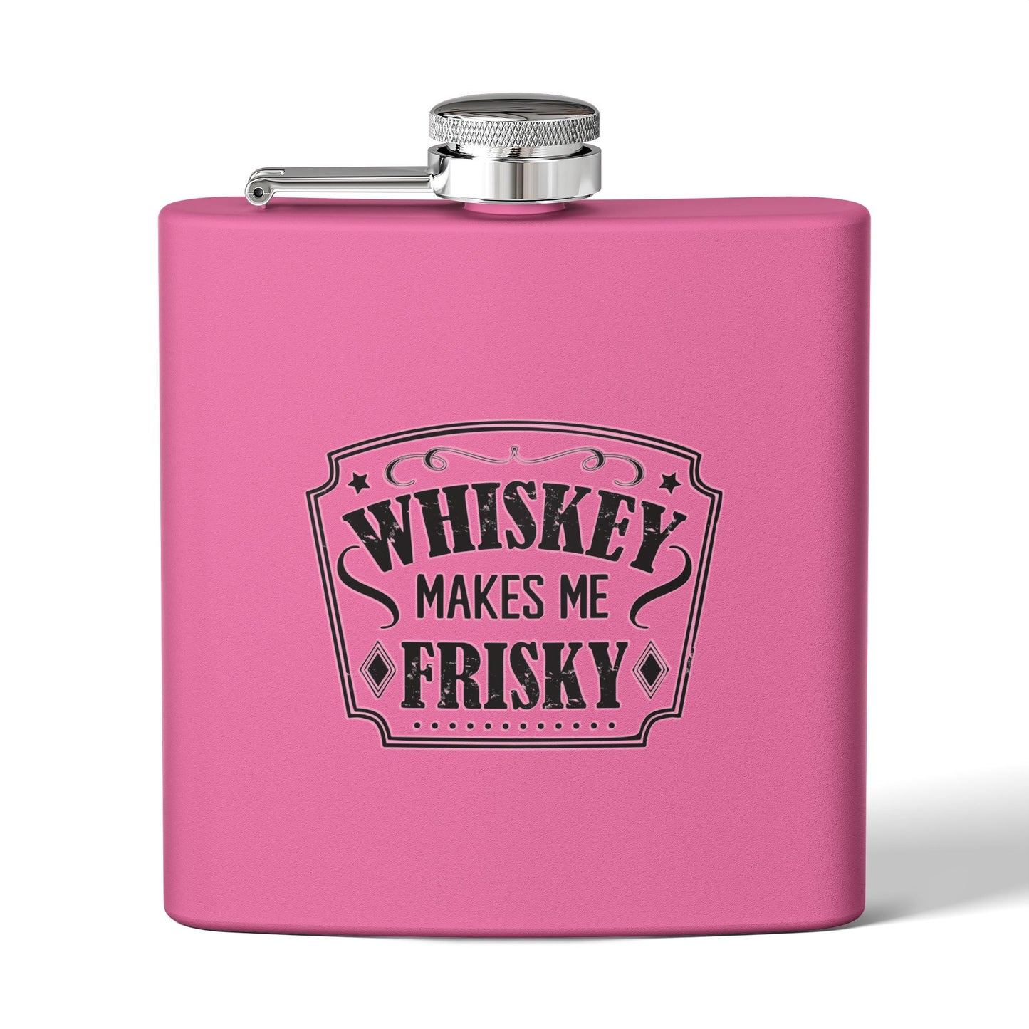 Whiskey Flask Gift for Wedding Party - 6oz Stainless Steel Flask with 'Whiskey Makes Me Frisky' Design - aMOOsing Designs