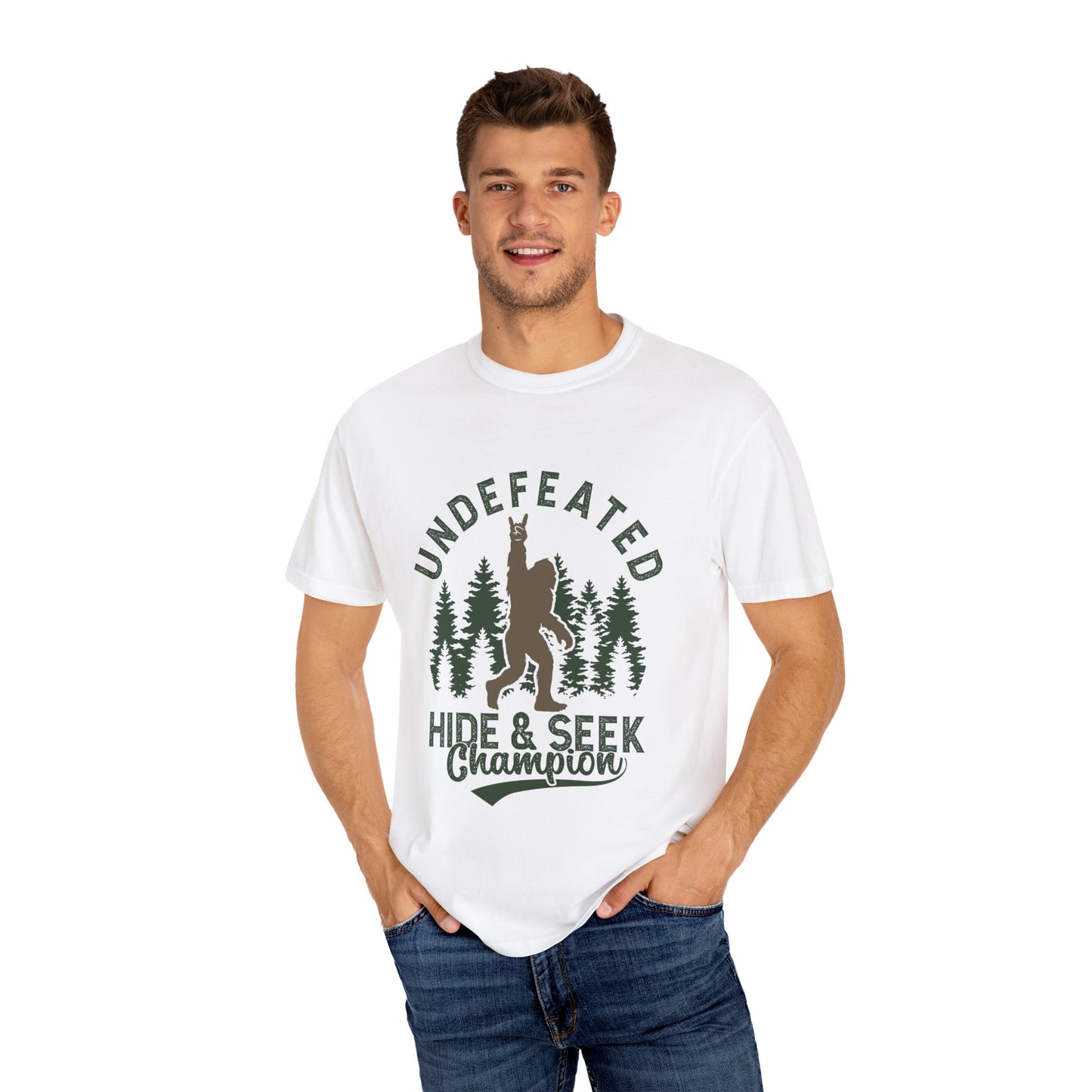 Undefeated Hide & Seek Champion T-shirt, Funny Outdoor Adventure Tee, Nature Lover Gift, Big Foot Shirt, Unisex Garment-Dyed, Adventure
