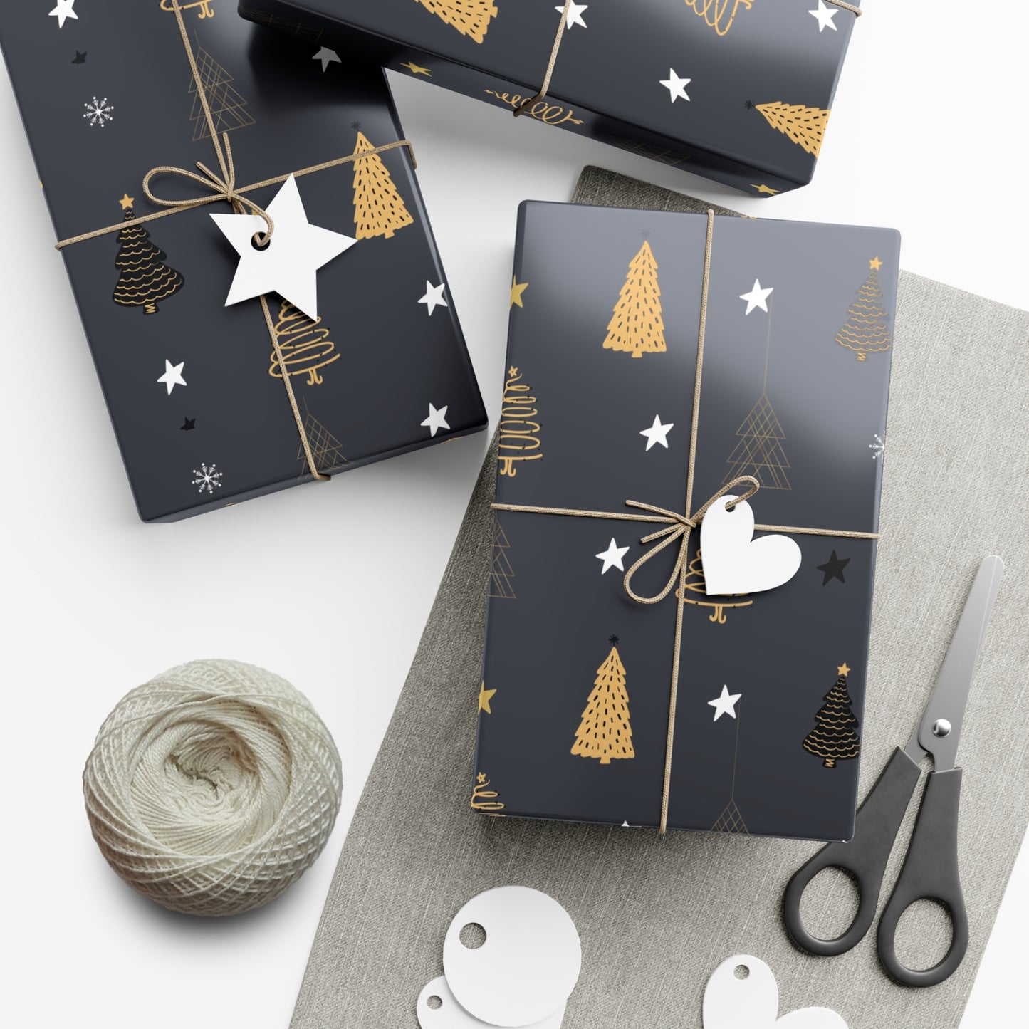 Elegant Black & Gold Holiday Gift Wrap Paper - Christmas Tree & Star Design - aMOOsing Designs