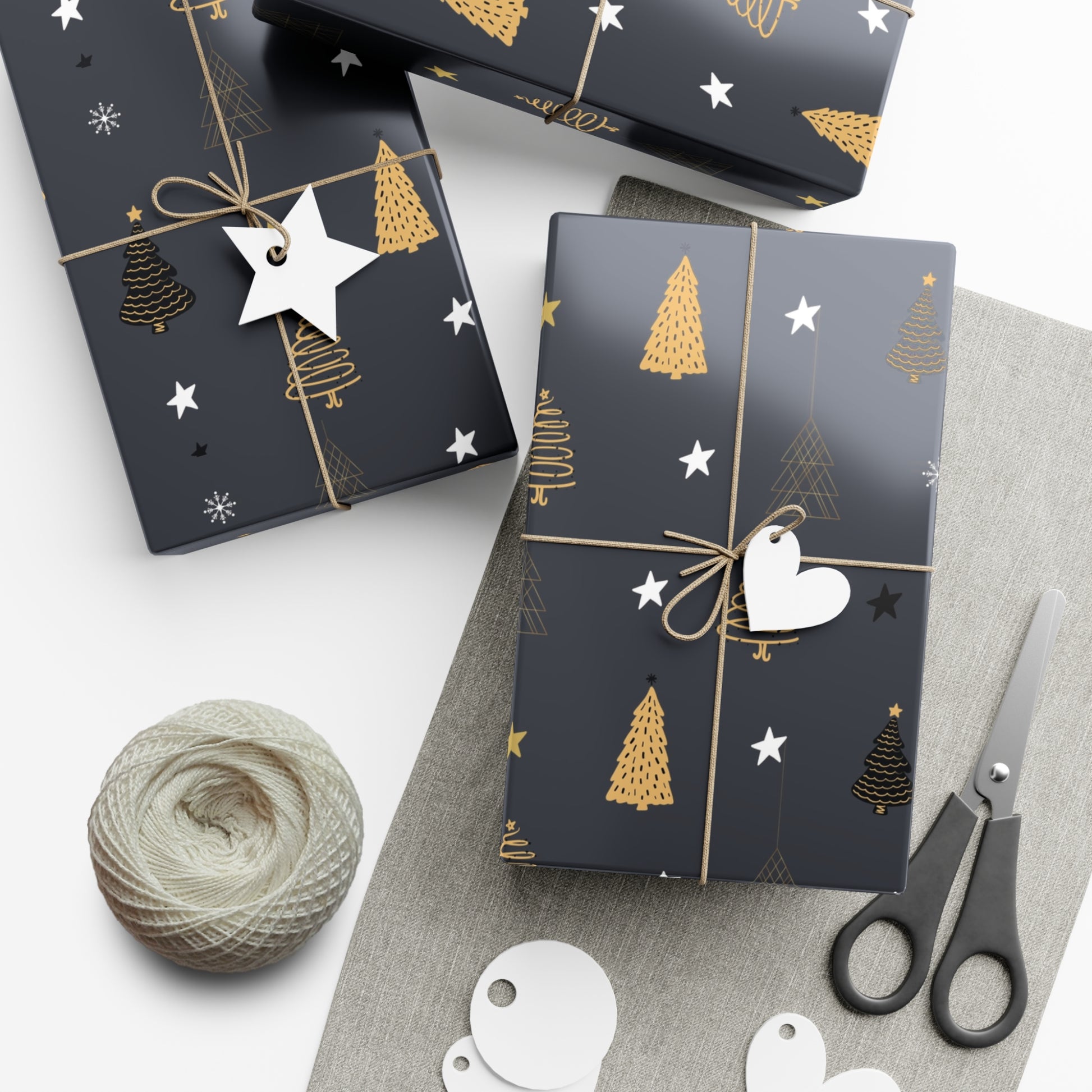 Elegant Black & Gold Holiday Gift Wrap Paper - Christmas Tree & Star Design - aMOOsing Designs