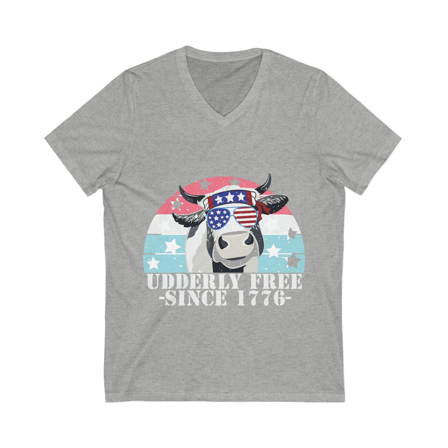 Patriotic Cow V-Neck Tee - Udderly Free Since 1776 - aMOOsing Designs