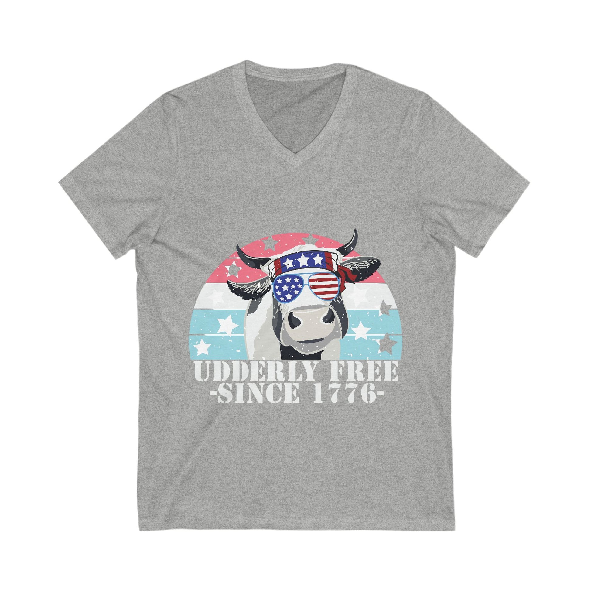 Patriotic Cow V-Neck Tee - Udderly Free Since 1776 - aMOOsing Designs