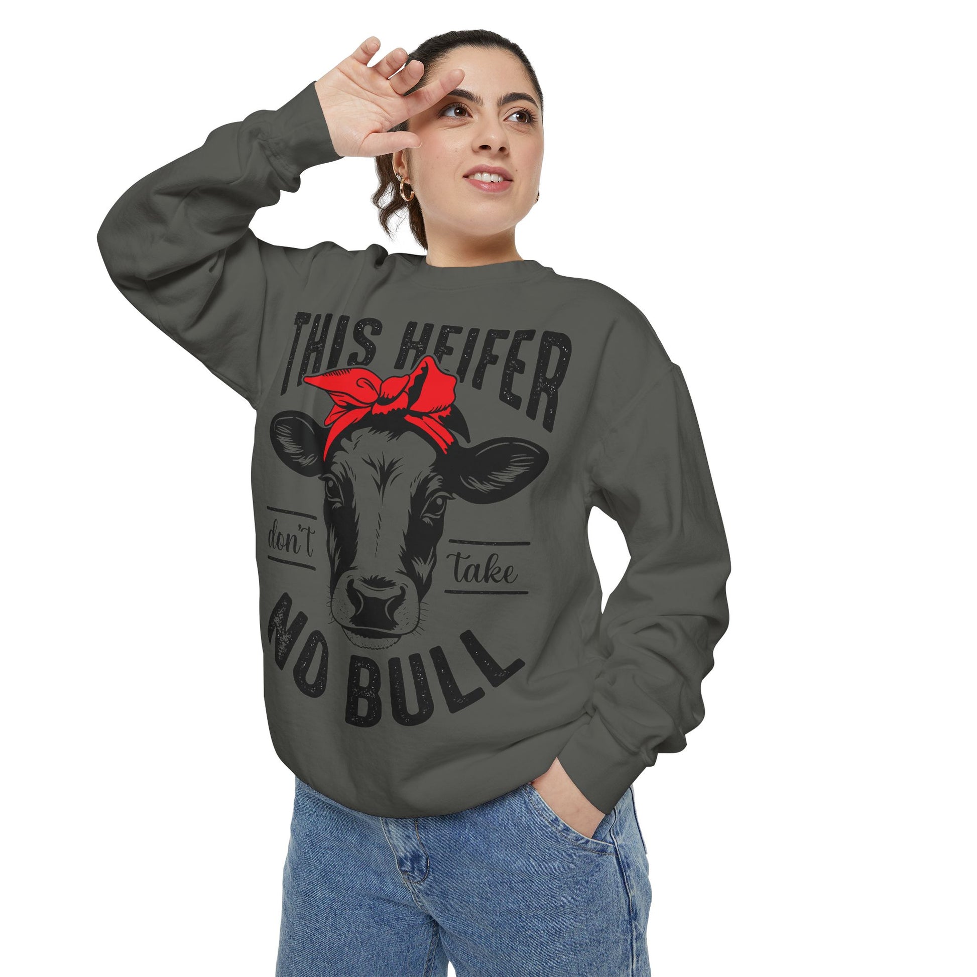 Funny Cow Graphic Sweatshirt - 'This Heifer Don't Take No Bull' - aMOOsing Designs