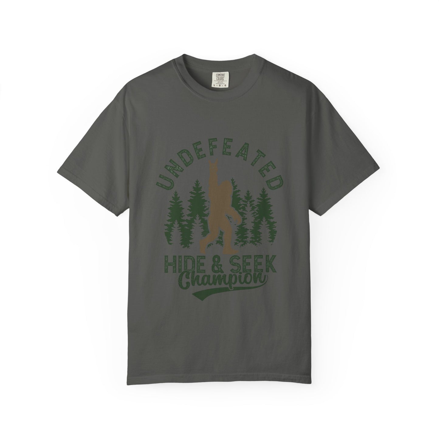 Undefeated Hide & Seek Champion T-shirt, Funny Outdoor Adventure Tee, Nature Lover Gift, Big Foot Shirt, Unisex Garment-Dyed, Adventure