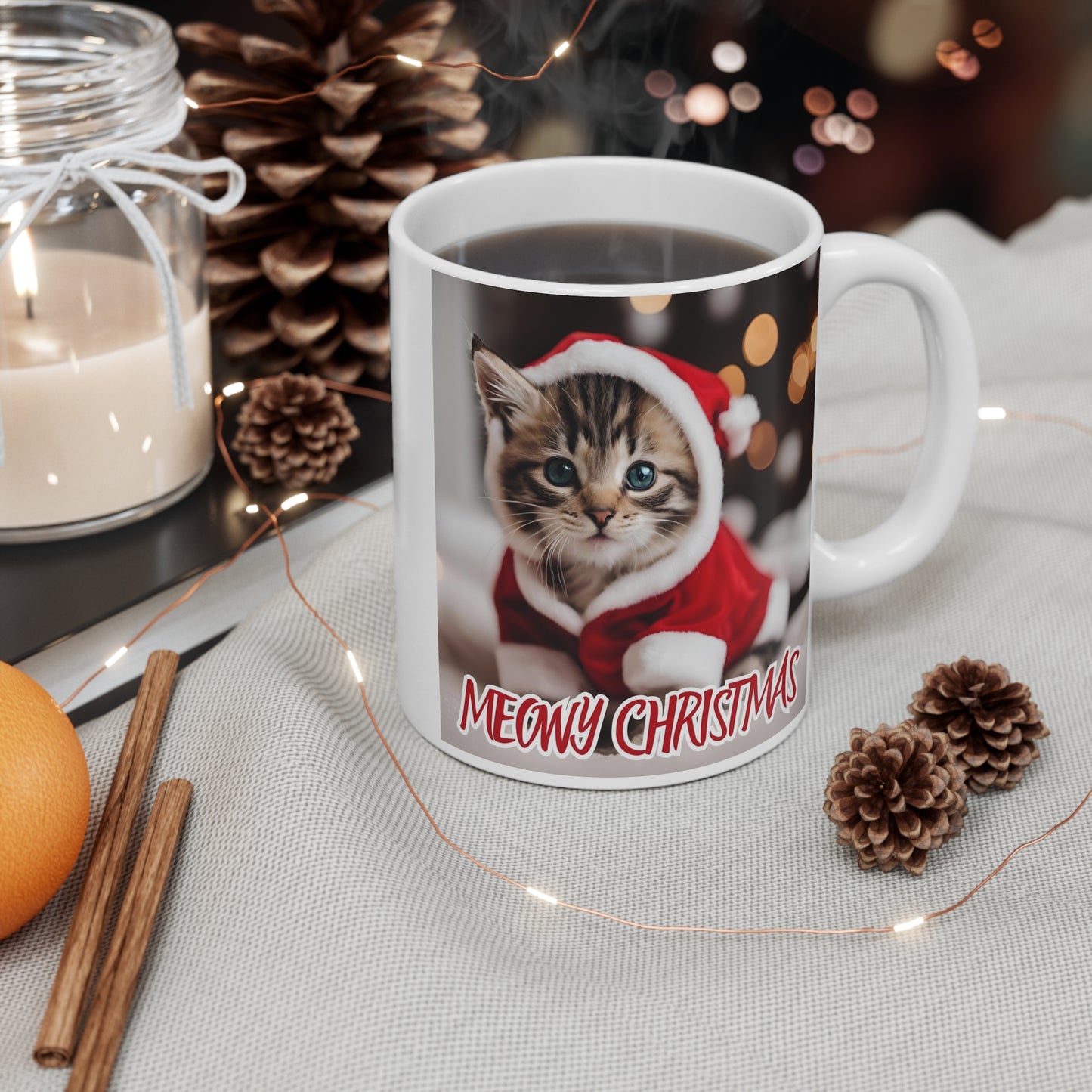 Meowy Christmas Cat Mug - 11oz Ceramic Coffee Cup for Cat Lovers - aMOOsing Designs