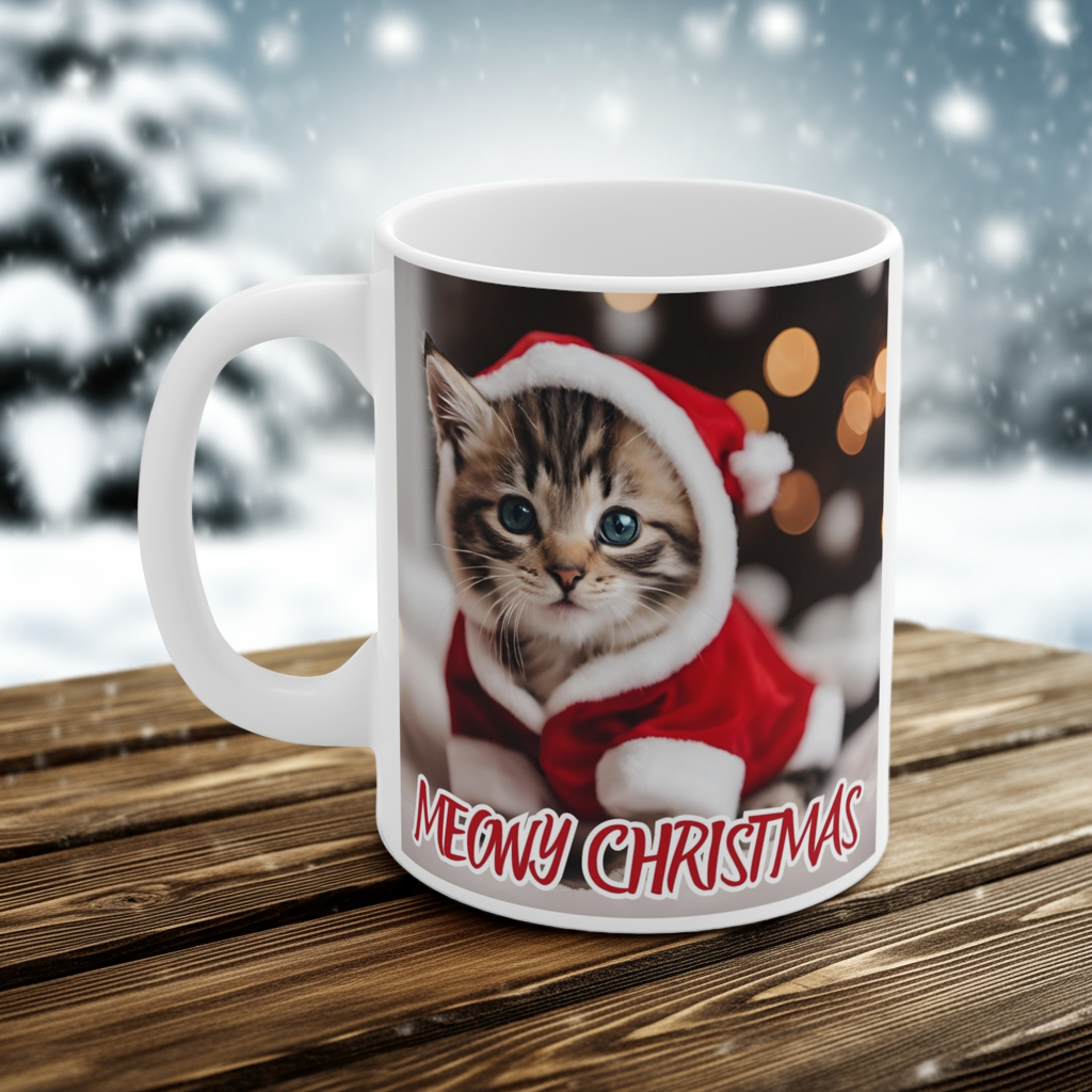 Meowy Christmas Cat Mug - 11oz Ceramic Coffee Cup for Cat Lovers - aMOOsing Designs