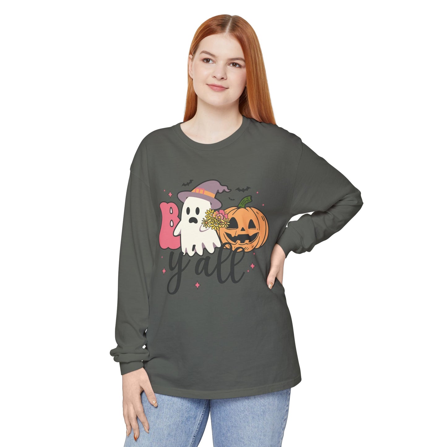 BOO Y'all Halloween Long Sleeve Tee, Cozy Fall Shirt, Unisex Ghost T-Shirt, Pumpkin Graphic Top, Perfect for Halloween Parties