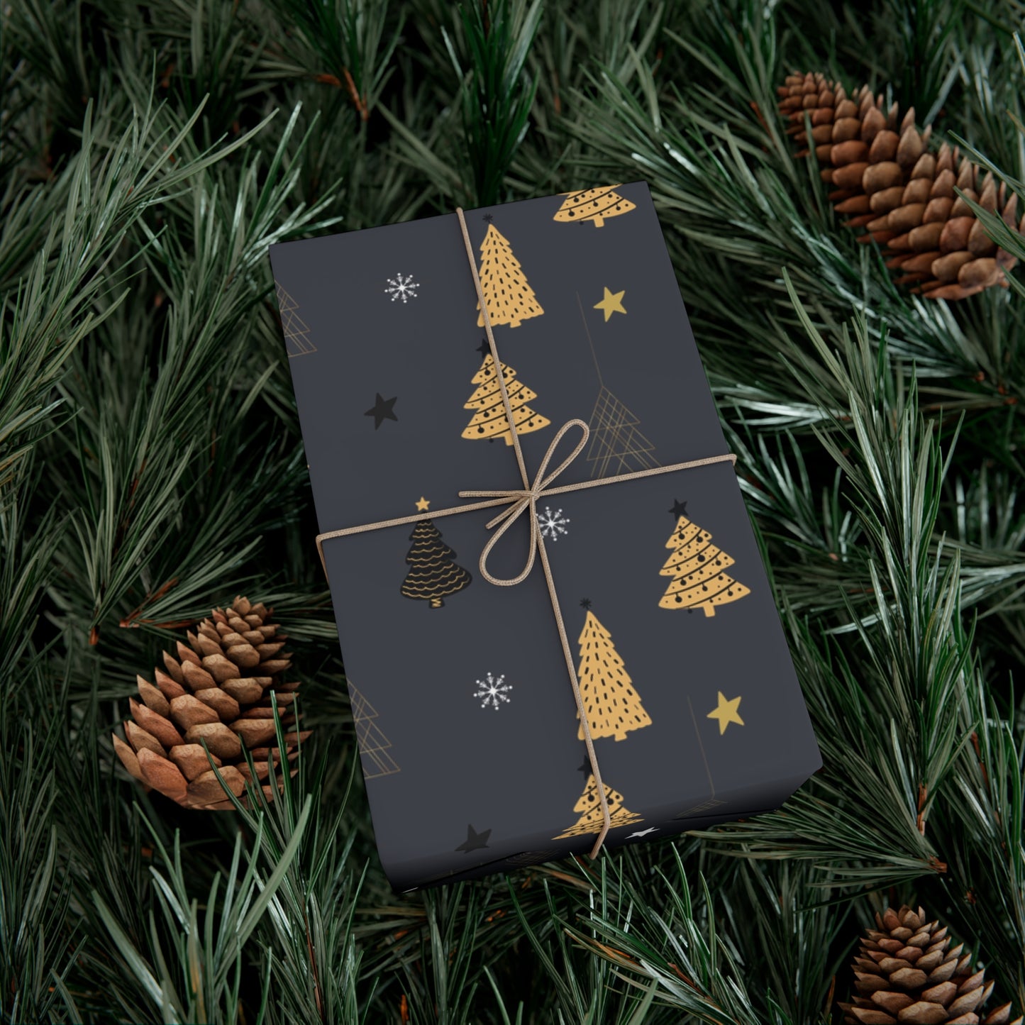 Elegant Black & Gold Holiday Gift Wrap Paper - Christmas Tree & Star Design - aMOOsing Designs