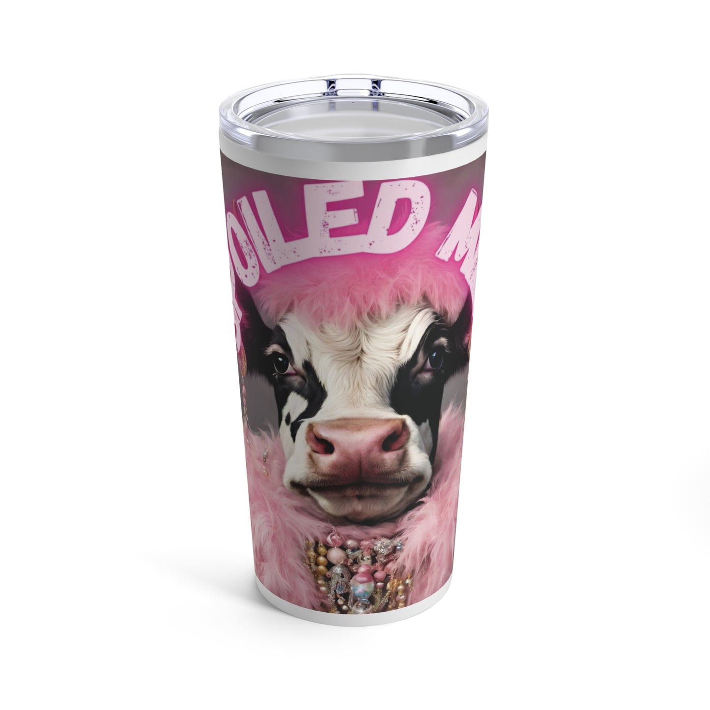 Funny pink tumbler featuring a spoiled milk cow design, perfect for adding humor to your drinkware collection.