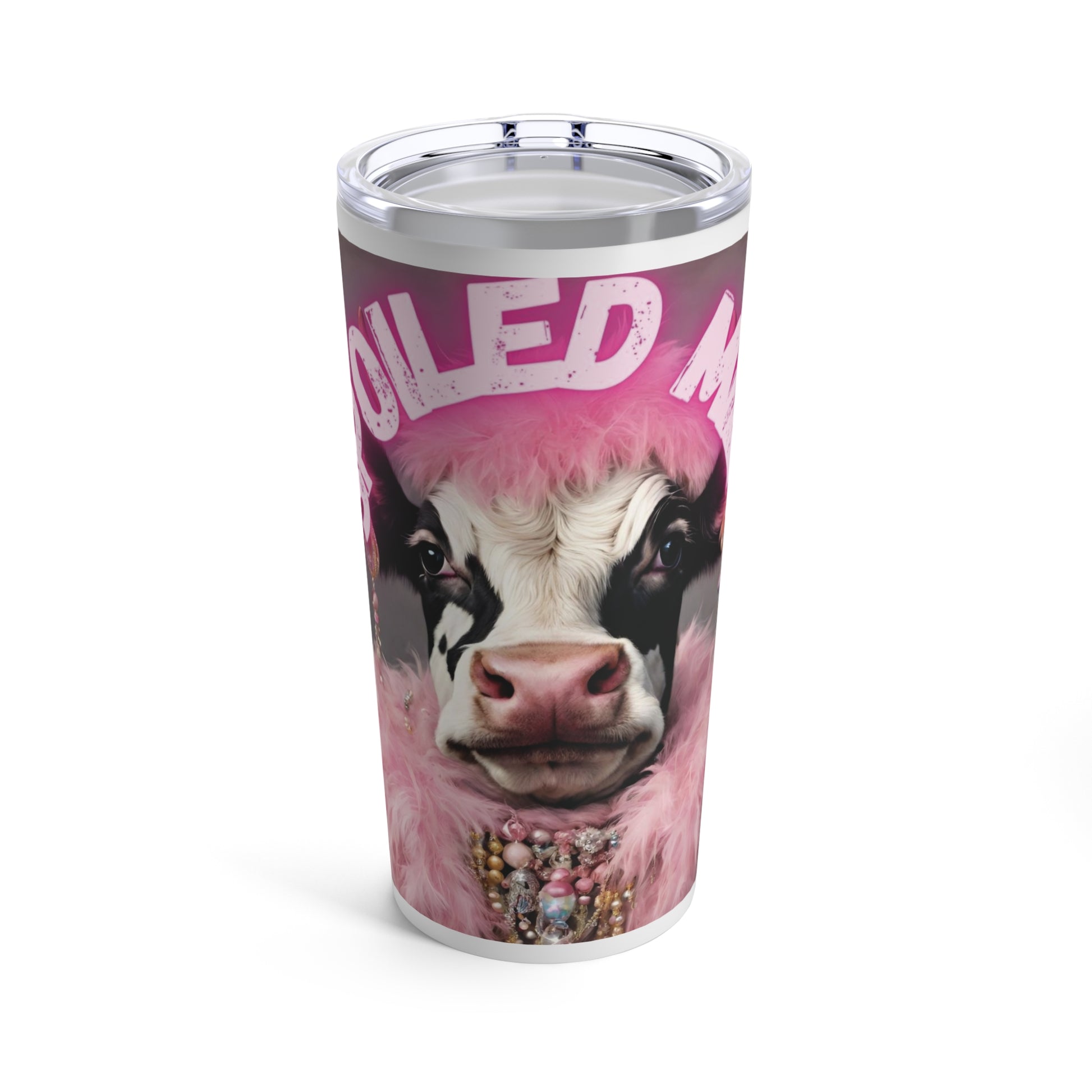 Funny pink tumbler featuring a spoiled milk cow design, perfect for adding humor to your drinkware collection.