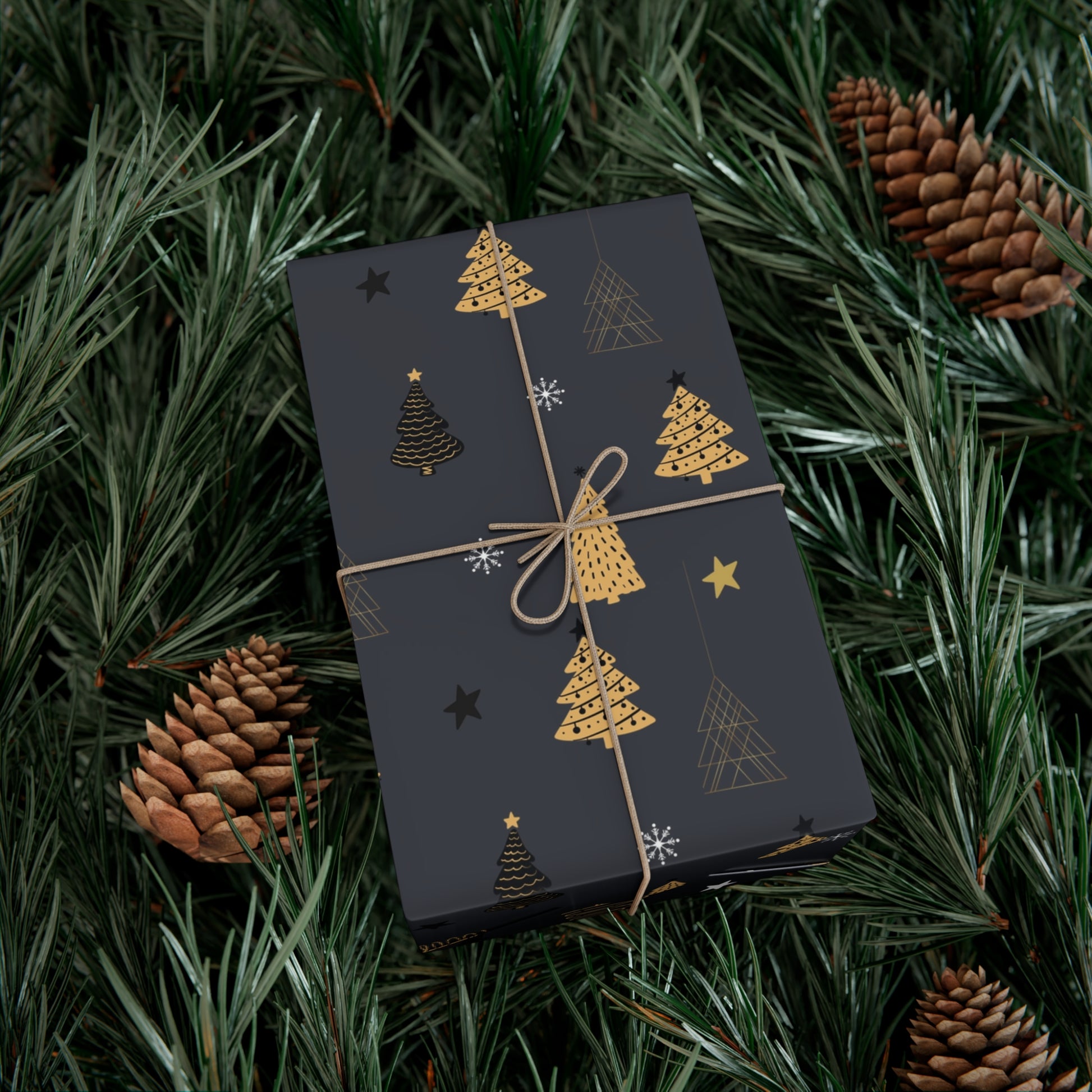 Elegant Black & Gold Holiday Gift Wrap Paper - Christmas Tree & Star Design - aMOOsing Designs