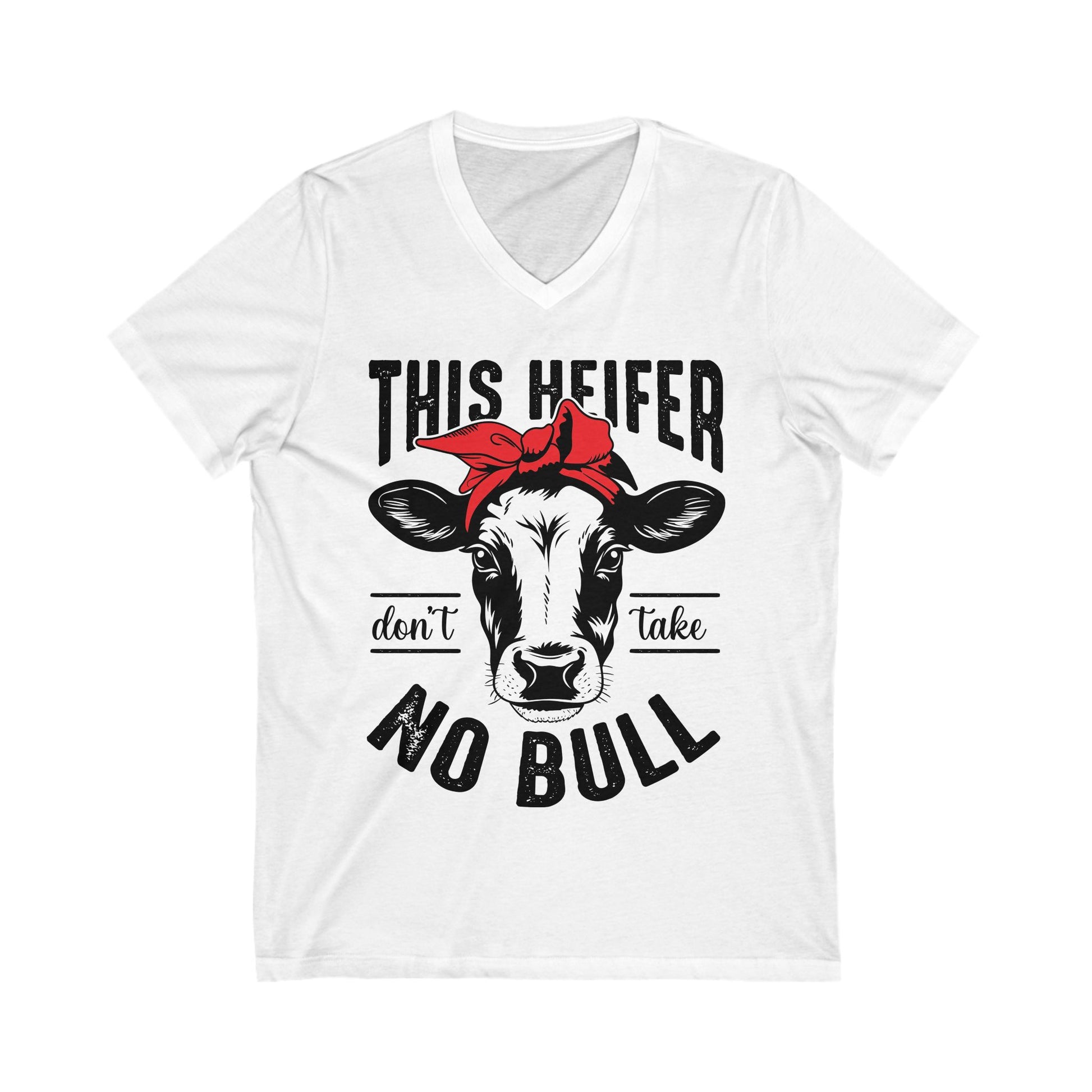 Funny Cow Graphic V-Neck Tee - "This Heifer Don't Take No Bull" - aMOOsing Designs