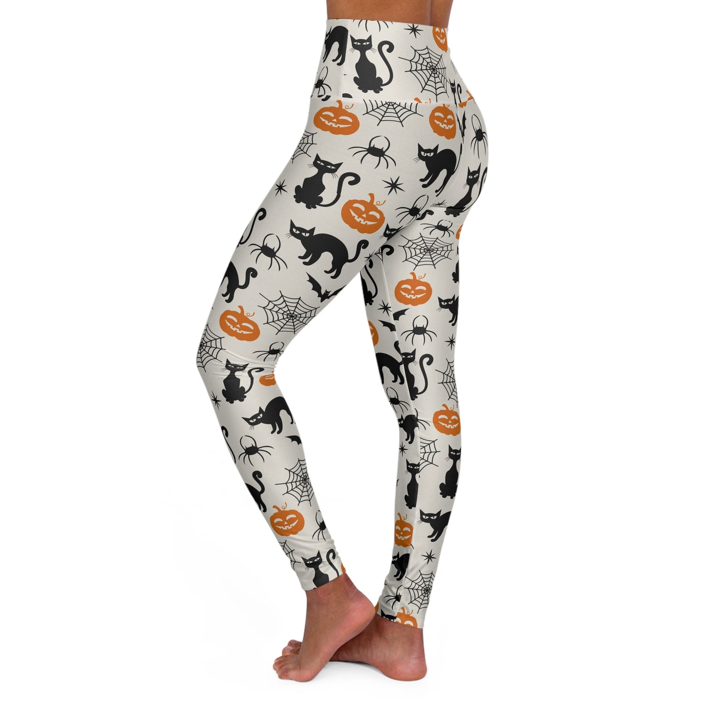 Halloween Themed High Waisted Yoga Leggings, Comfy Exercise Pants, Cat & Pumpkin Leggings, Fitness Wear for Fall, Trick or Treat Leggings