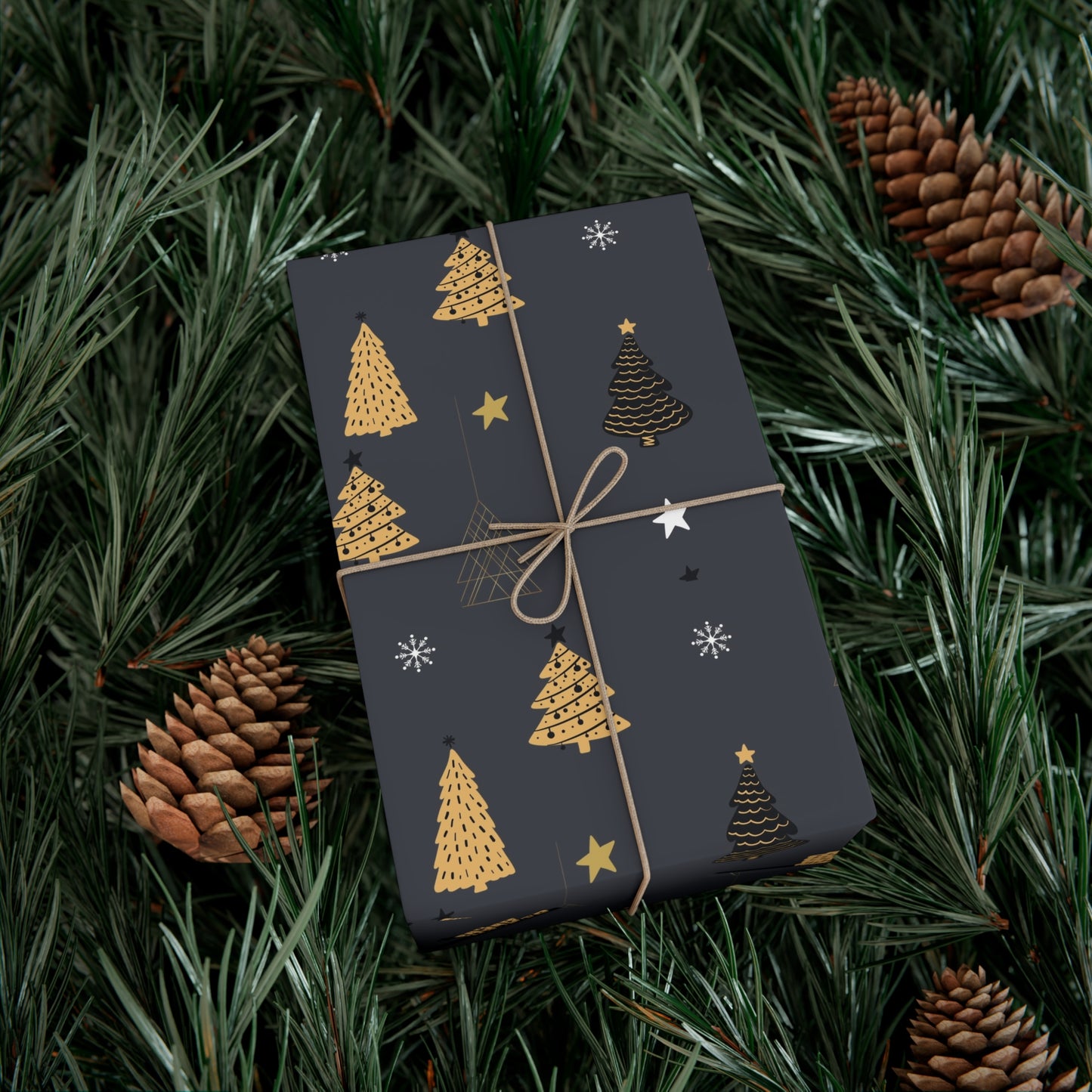 Elegant Black & Gold Holiday Gift Wrap Paper - Christmas Tree & Star Design - aMOOsing Designs