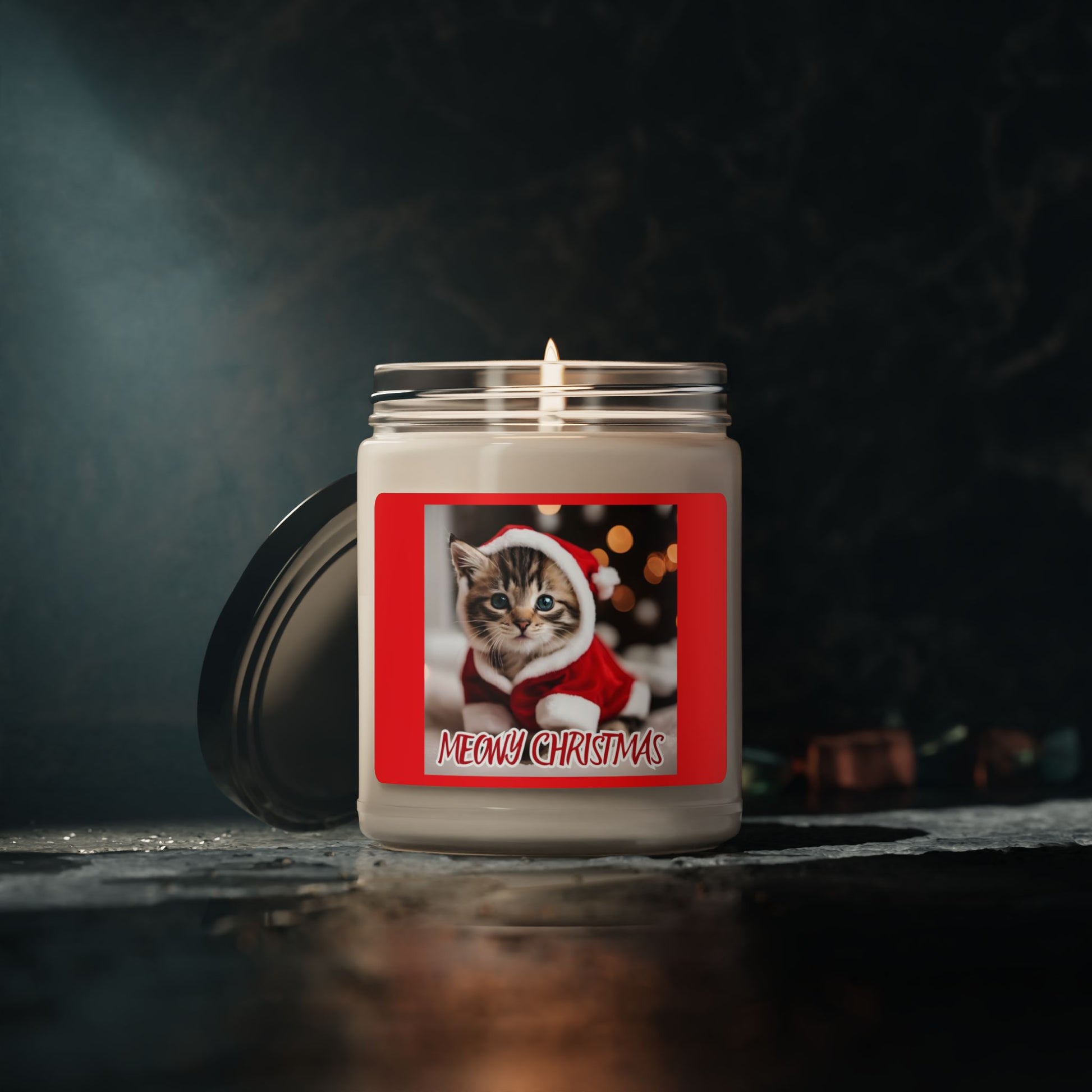 Meowy Christmas Scented Soy Candle - 9oz - Festive Cat Decor for Holiday Gifts - aMOOsing Designs