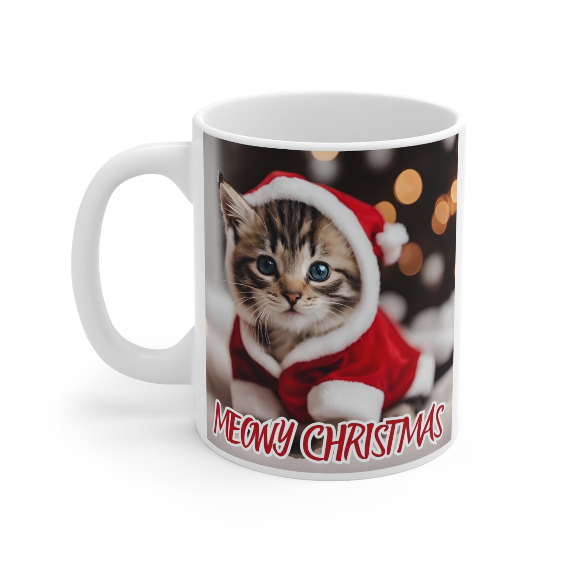 Meowy Christmas Cat Mug - 11oz Ceramic Coffee Cup for Cat Lovers - aMOOsing Designs