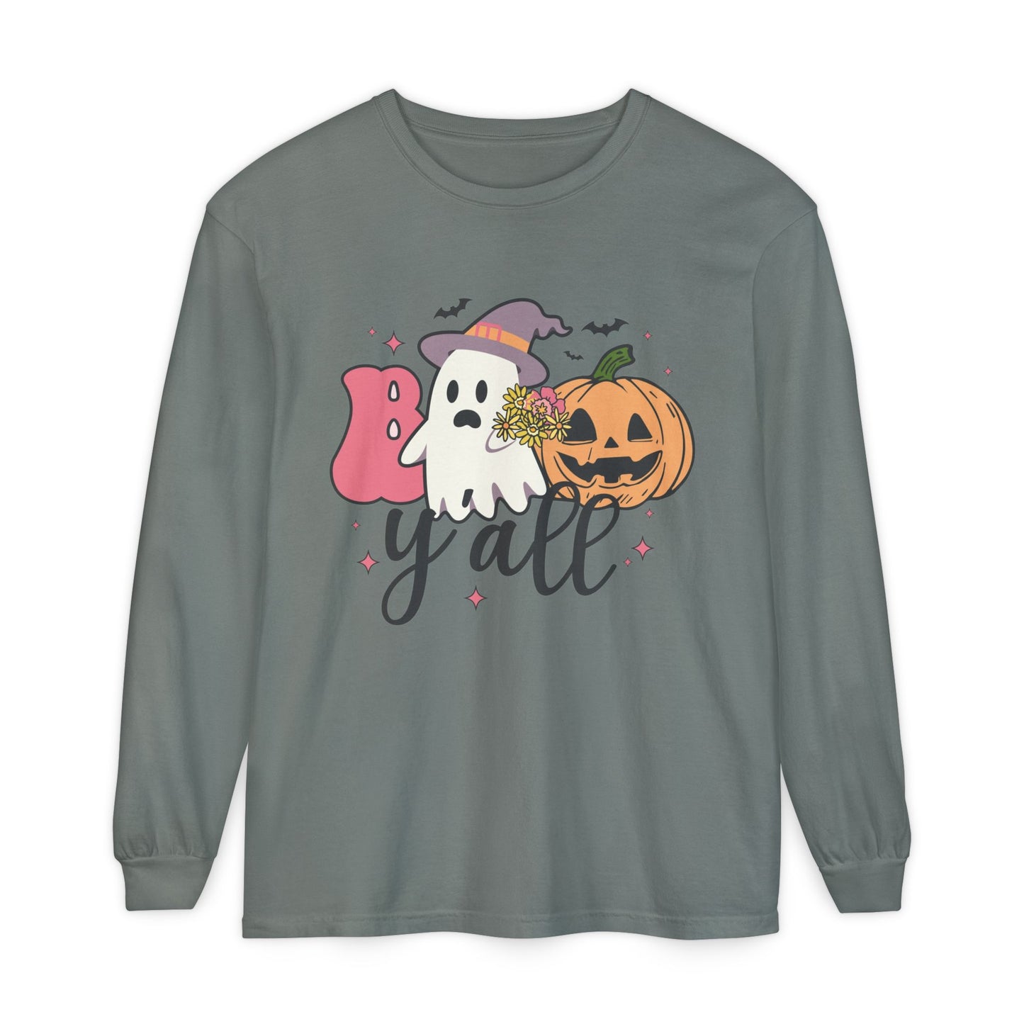 BOO Y'all Halloween Long Sleeve Tee, Cozy Fall Shirt, Unisex Ghost T-Shirt, Pumpkin Graphic Top, Perfect for Halloween Parties