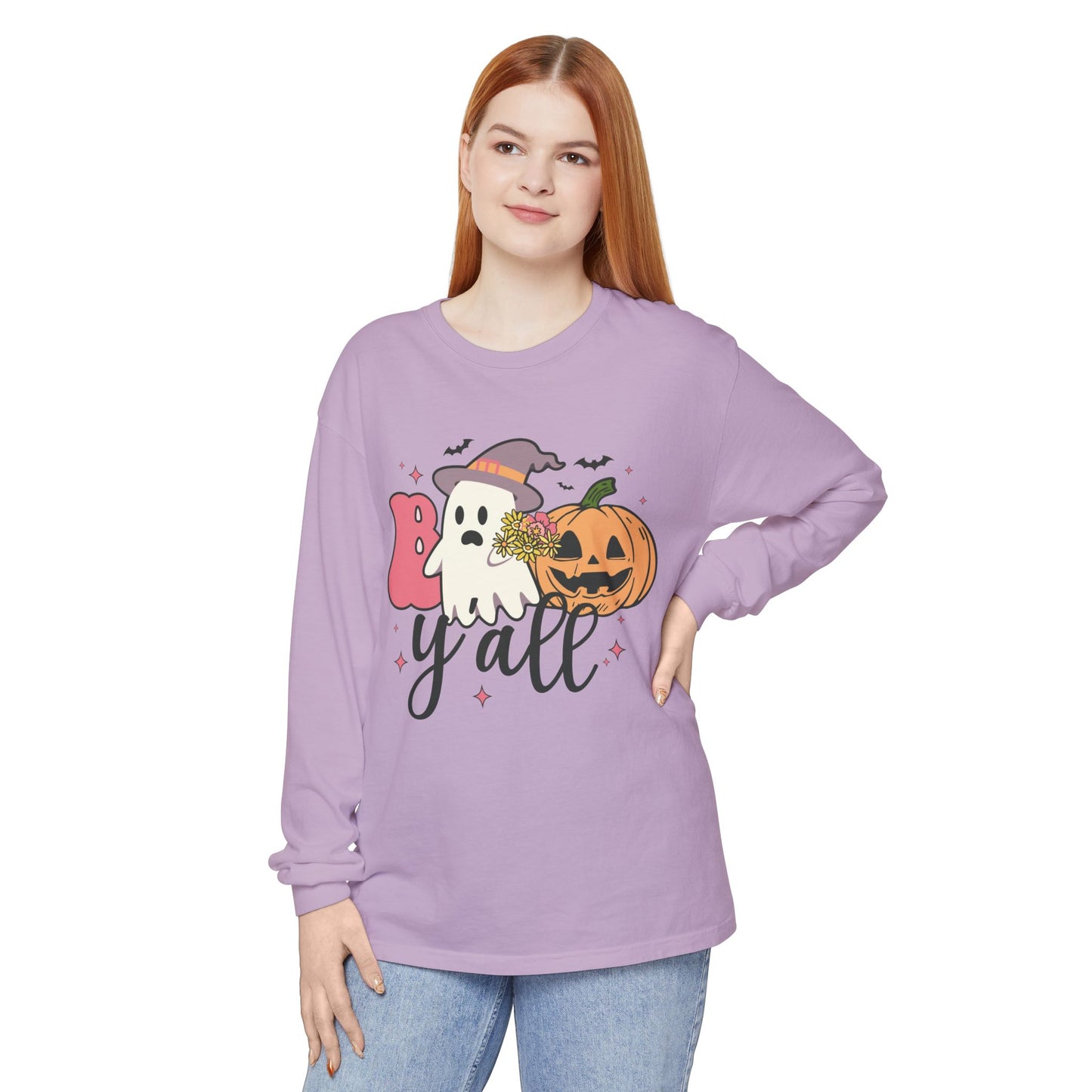 BOO Y'all Halloween Long Sleeve Tee, Cozy Fall Shirt, Unisex Ghost T-Shirt, Pumpkin Graphic Top, Perfect for Halloween Parties