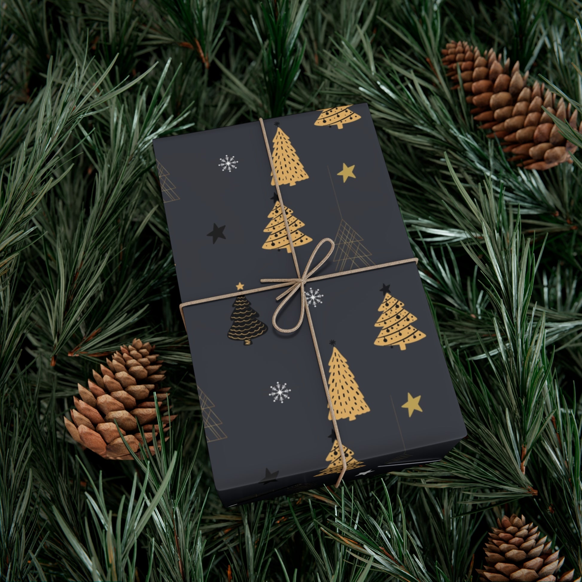 Elegant Black & Gold Holiday Gift Wrap Paper - Christmas Tree & Star Design - aMOOsing Designs