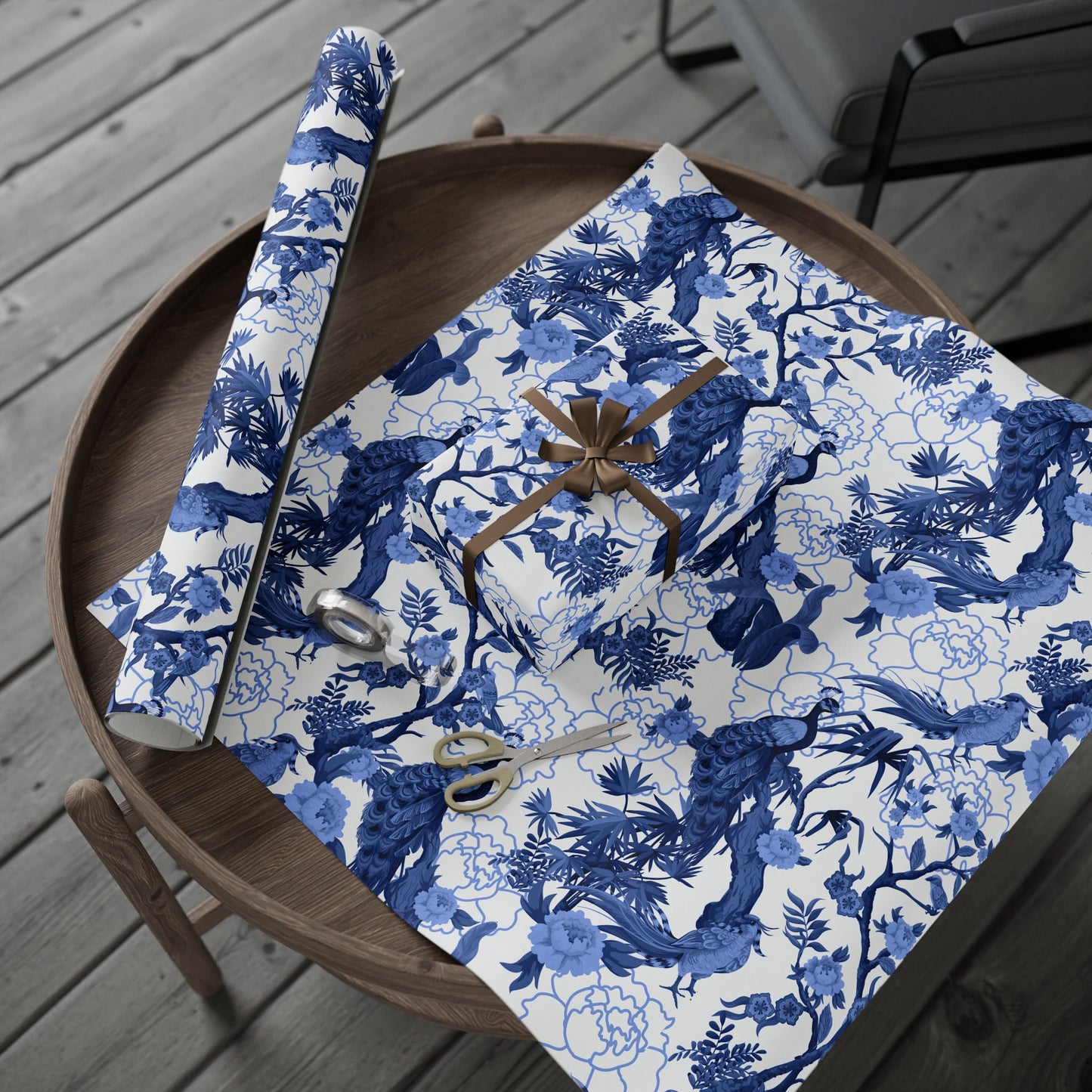 Elegant Floral Wrapping Paper Roll, Gift Wrap for Any Occasion, Blue and White Botanical Design, Holiday and Birthday Gift