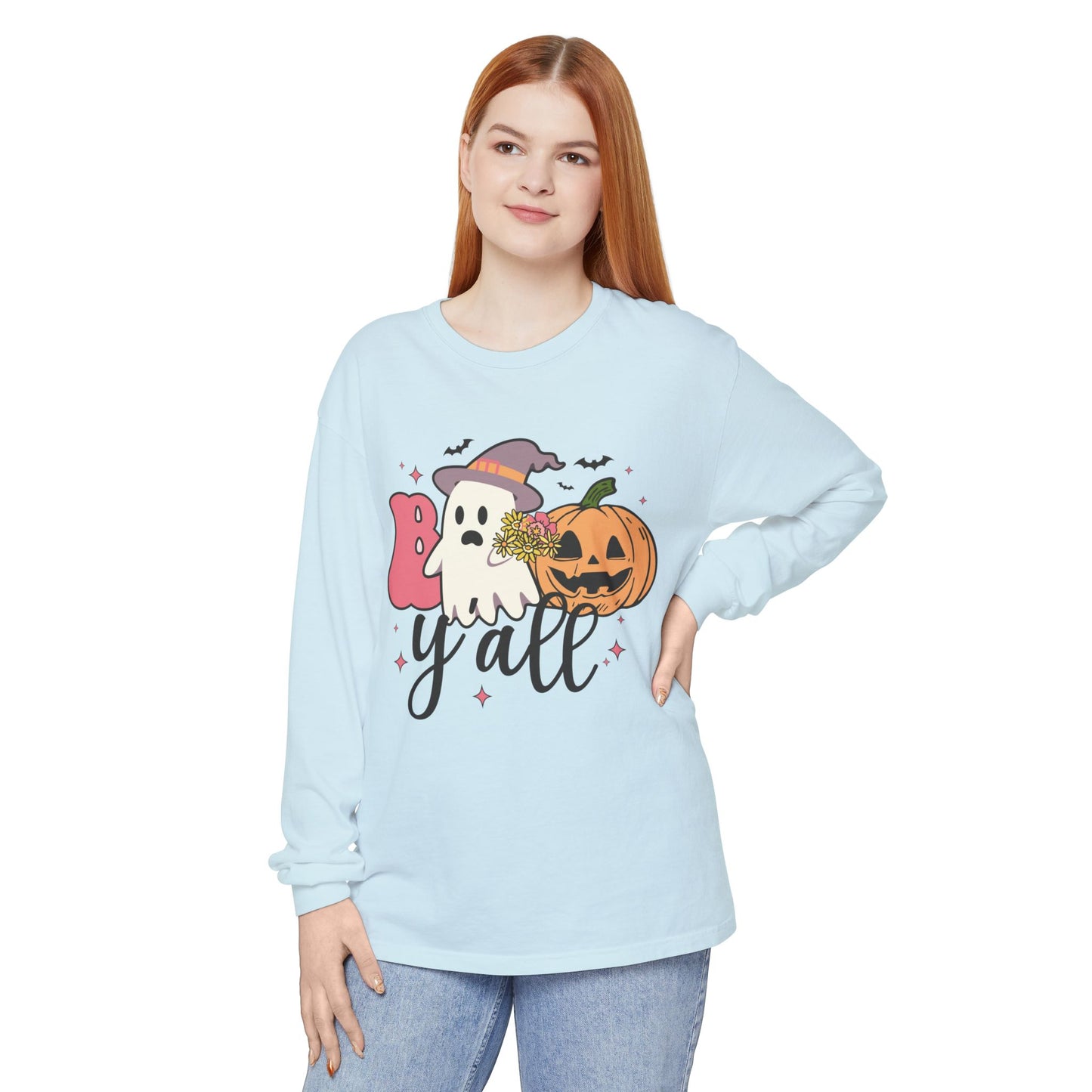 BOO Y'all Halloween Long Sleeve Tee, Cozy Fall Shirt, Unisex Ghost T-Shirt, Pumpkin Graphic Top, Perfect for Halloween Parties